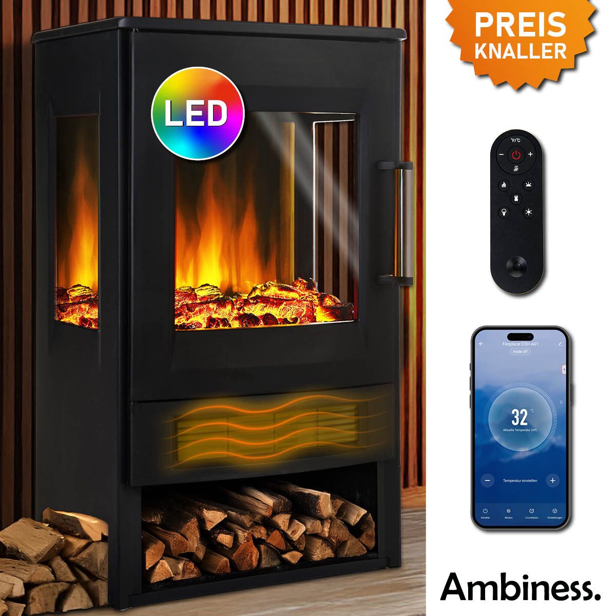 AMBINESS Elektrokamin 2 Heizstufen, 900W - 2000W, LED - 3D Flammeneffekt mi günstig online kaufen