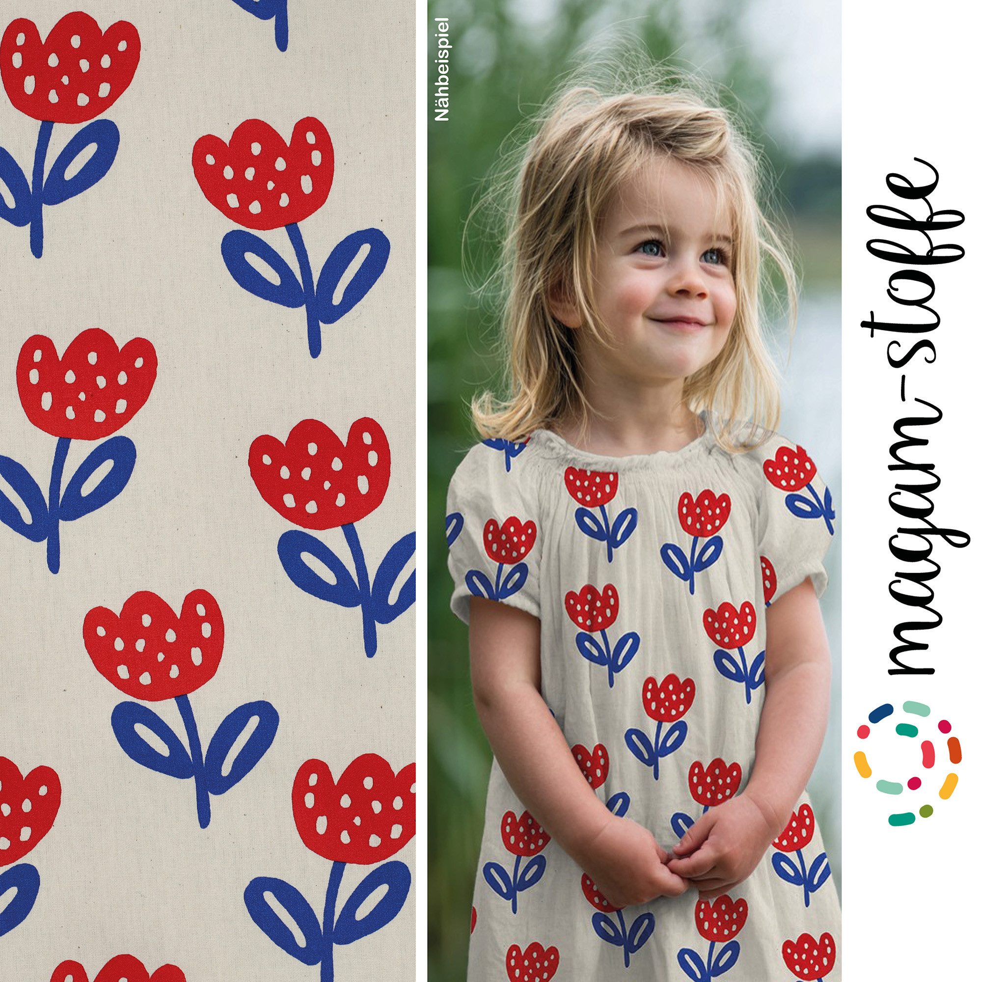 MAGAM-Stoffe Stoff "Erdbeer Blumen", Mode Kinder Baumwollstoff ÖKO-TEX Meterware ab 50cm
