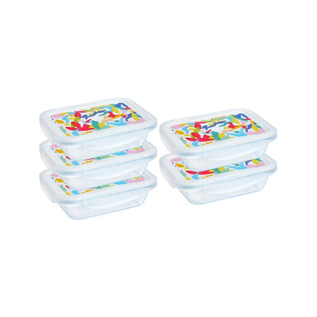 PYREX Frischhaltedose Pyrex Cook & Go Lunchbox mit Dekordeckel 5-teilig 0,8 l, (Set, 5-teilig, rechteckig, 0,8 l pro Box), bedruckter Deckel, Made in France, 100 % auslaufsicher