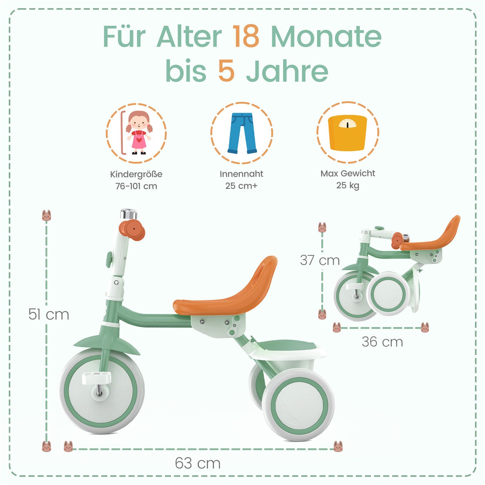 besrey Dreirad Dreirad Kinderdreirad Kinderfahrrad mit Spielkorb, Klingel, Mit Fahrradklingel und Korb, Kippfreies Design,Fahr- und Klappmodus