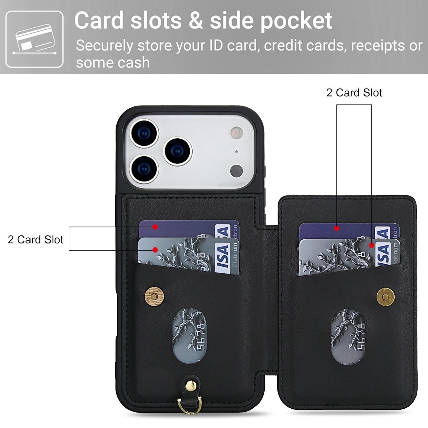 Wigento Handyhülle Für Apple iPhone 17 Pro Crossbody Kunstleder Blumen Hülle Schwarz, Mit Kartenfächern, Gurt, Kickstand-Funktion