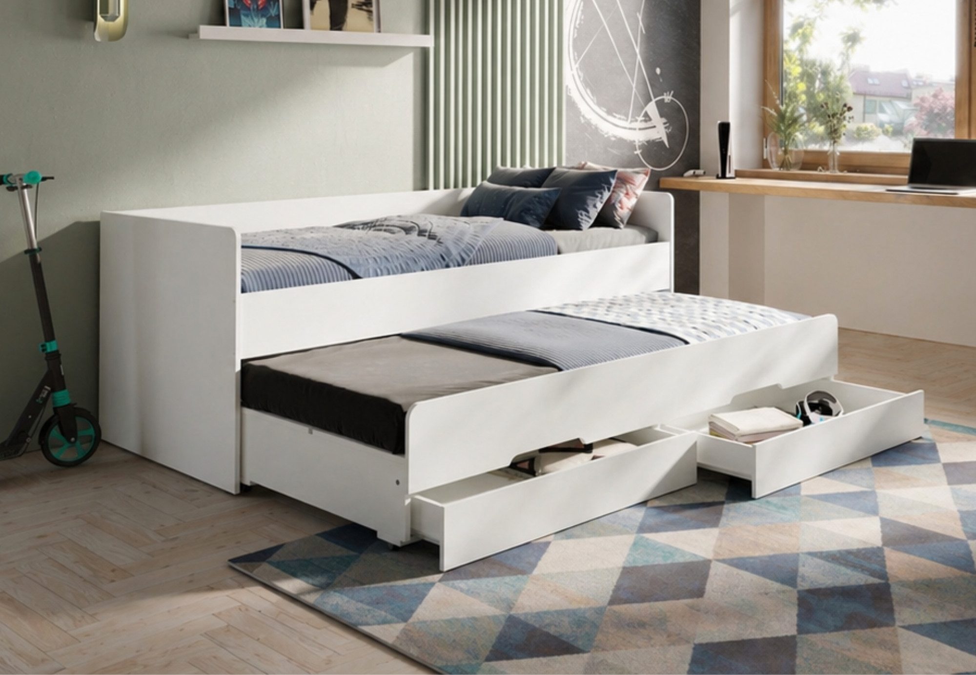 Kids Collective Kinderbett Jugendbett 90x200 Einzelbett Funktionsbett mit Stauraum u. Ausziehbett (für Kinder- und Jugendzimmer), inkl. Gästebett & zwei Schubladen, weiß