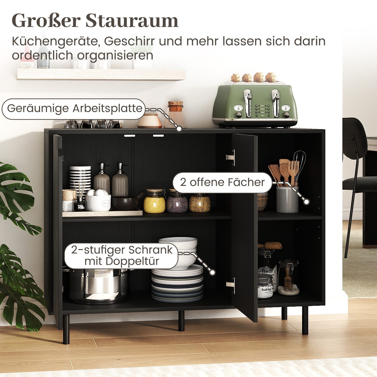 COSTWAY Sideboard Küchenschrank Anrichteschrank, mit verstellbaren Ablagen, 106cm – Bild 4 von 5