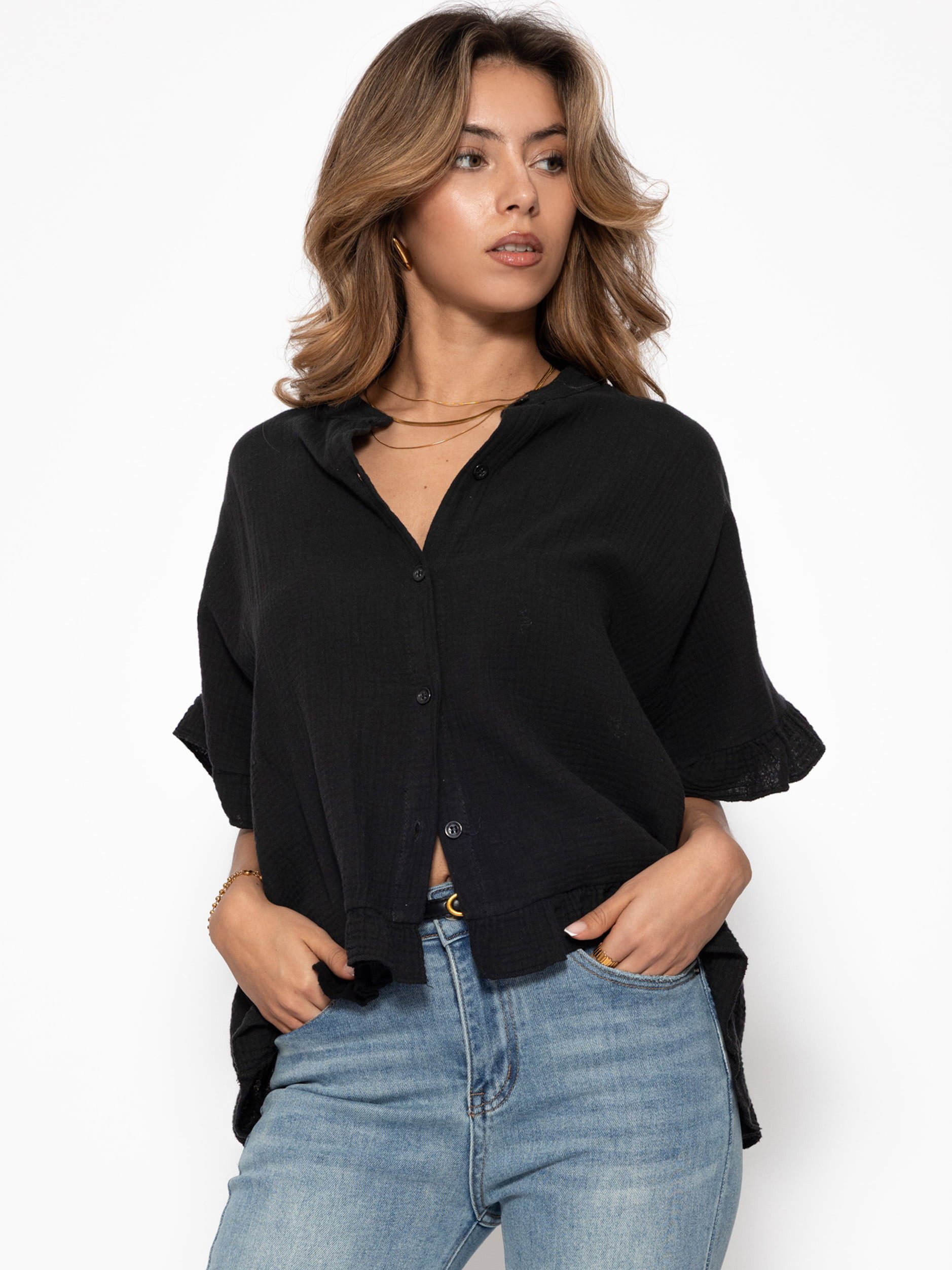 SASSYCLASSY Kurzarmbluse Oversize Musselin Hemdbluse Damen mit Rüschensaum Kurzärmelige Musselinbluse aus Baumwolle mit V-Ausschnitt