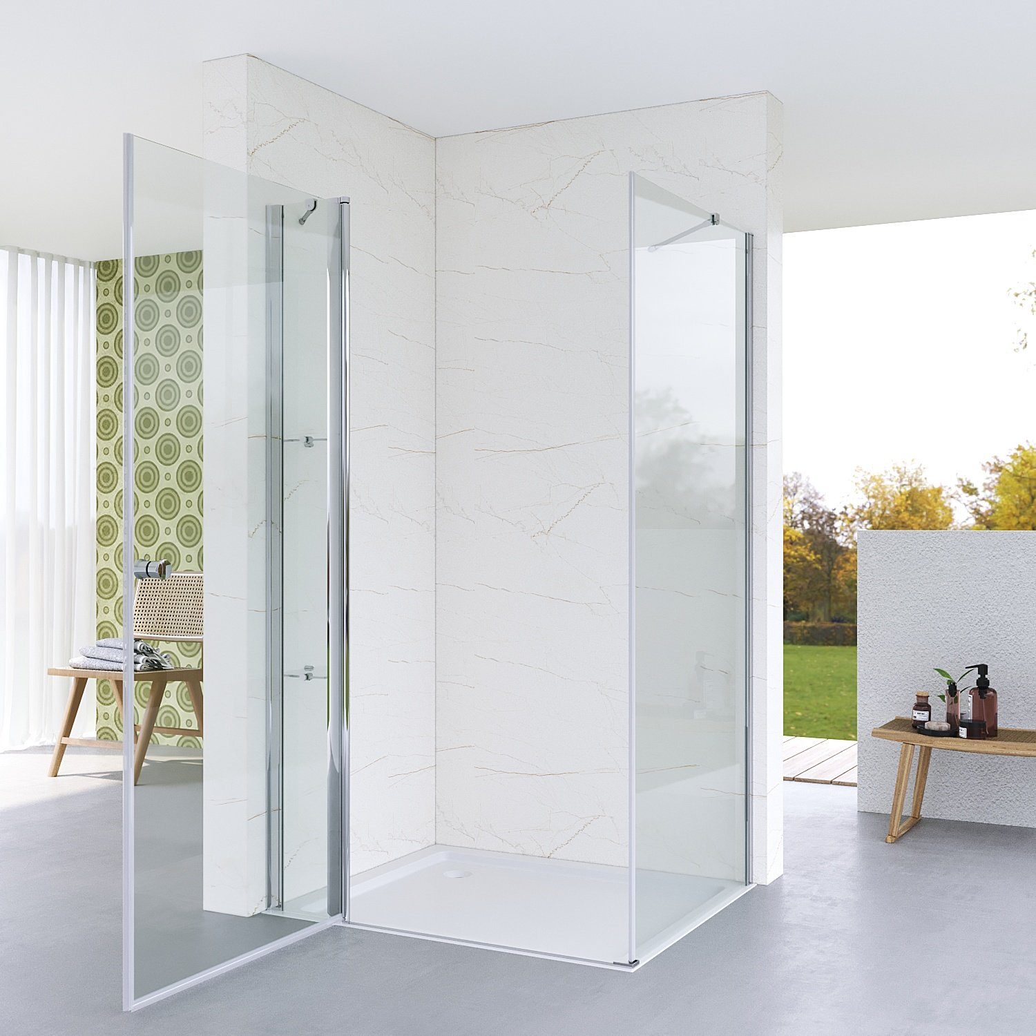AQUABATOS Eckdusche Eckdusche Duschkabine Eckeinstieg Duschtür an Festteil mit Seitenwand, BxT: 90x80 cm, Einscheiben-Sicherheitsglas (ESG) 5 mm, Ebenerdige Montage möglich, Hebe-Senk-Funktion, Magnetverschluss