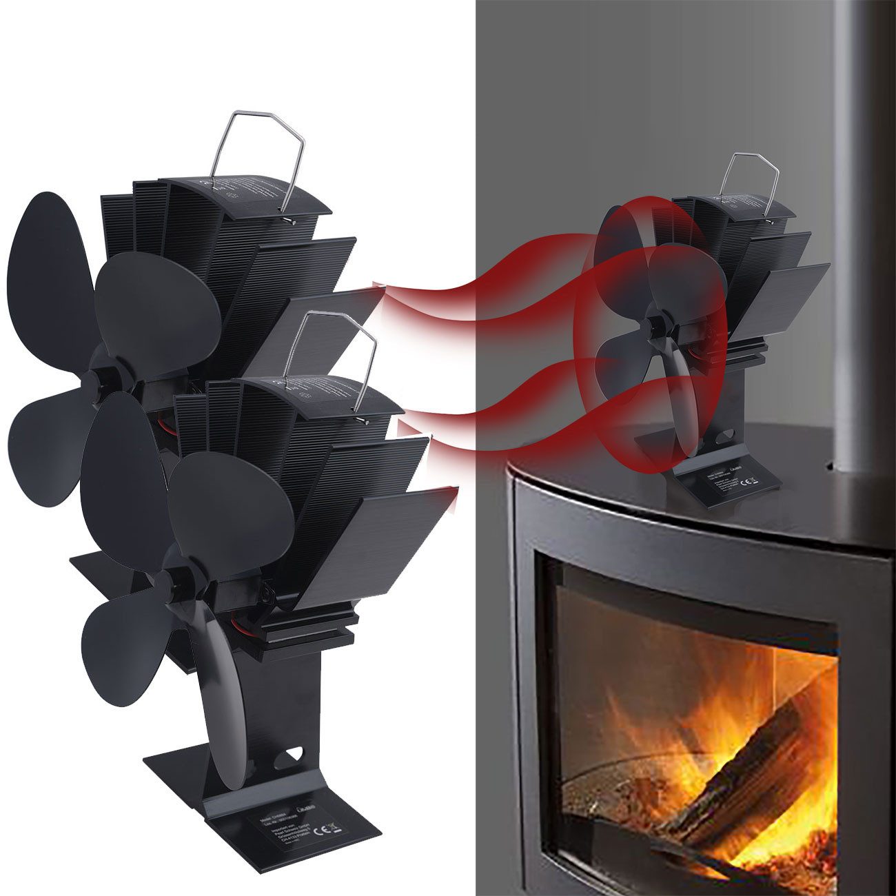Casativo Kaminventilator Kaminventilator Stromlos Alu Ofen-Lüfter 4-flügelig Leise 1er&2er-Set, Automatischer Start ab 65°C/Rotorumfang 19 cm/ca. 470g