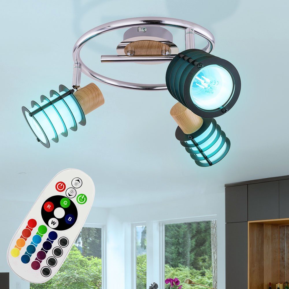 etc-shop LED Deckenleuchte, Leuchtmittel inklusive, Warmweiß, Farbwechsel, Rondell Decken Leuchte Holz dimmbar chrom Glas Spot Lampe verstellbar