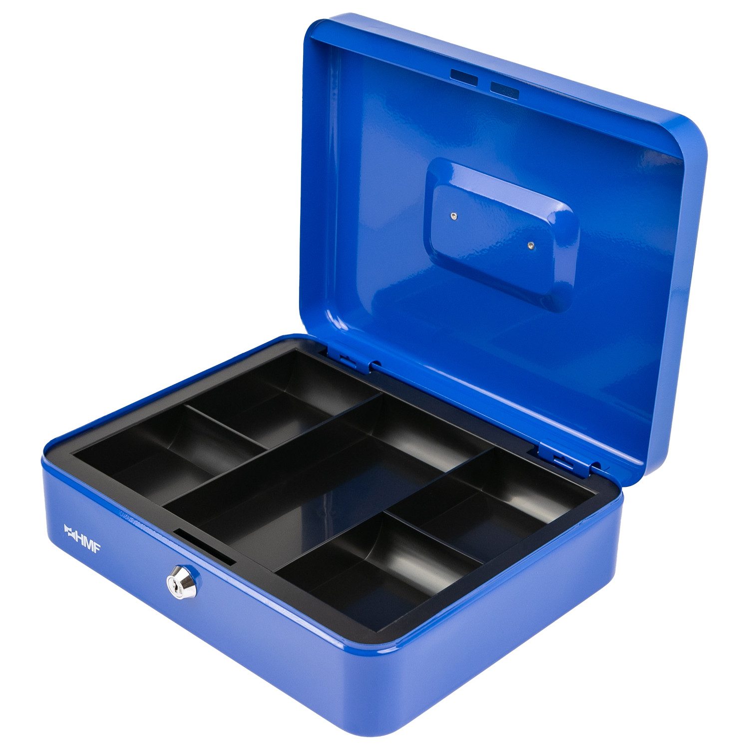 HMF Geldkassette Geldkassette abschließbar, Kasse mit Münzeinsatz, Geldkasse mit 5 Münzfächern 30 x 24 x 9 cm Blau