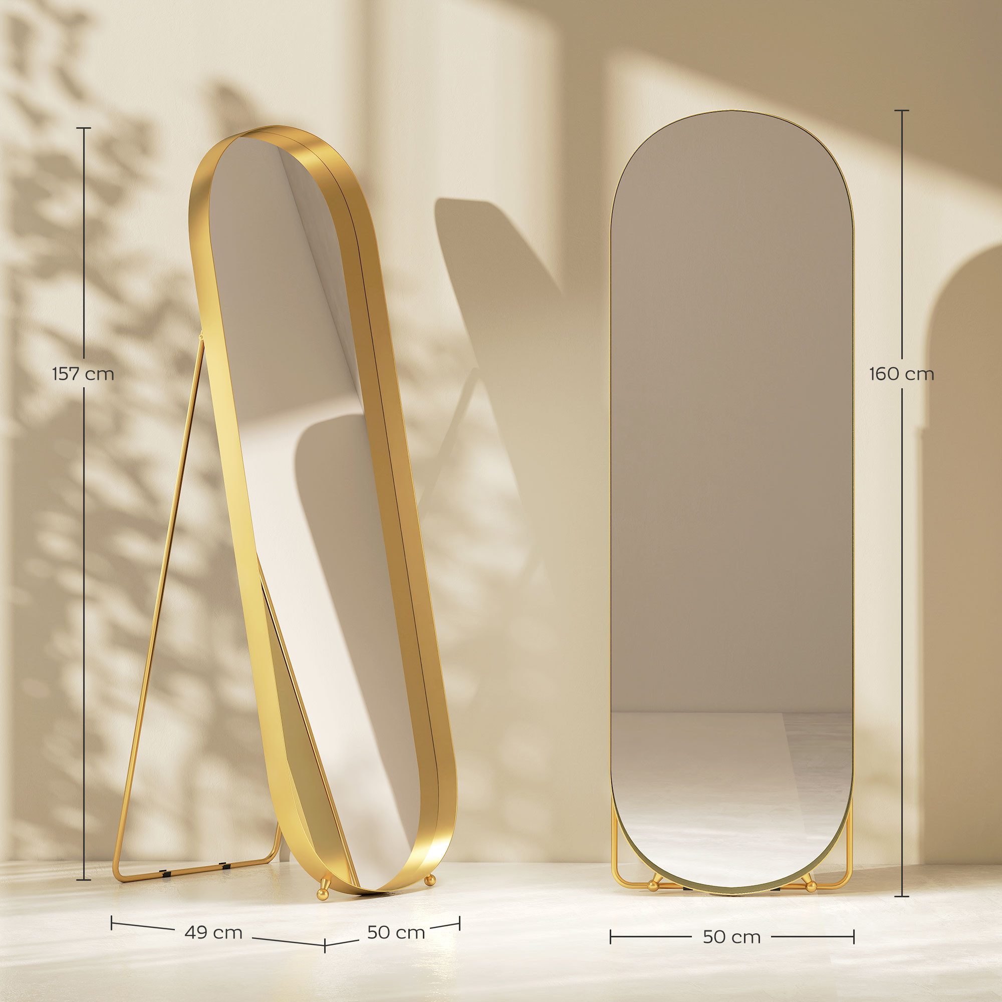 HOMCOM Standspiegel Ganzkörperspiegel mit Metallrahmen (160 x 50 cm, goldfarbener Rahmen, 1-St., für Wohnzimmer, Schlafzimmer, Umkleideraum), Gold