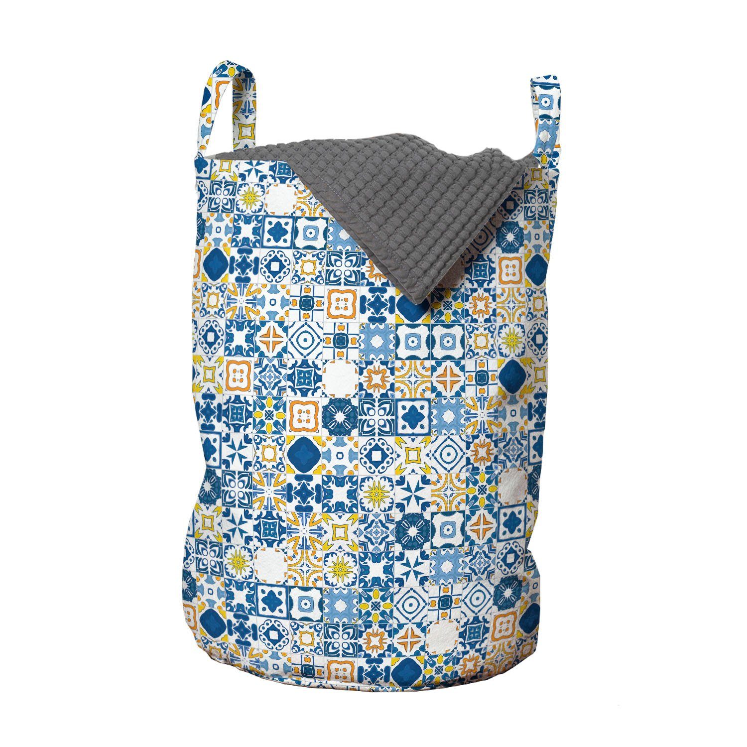 Abakuhaus Wäschesäckchen Wäschekorb mit Griffen Kordelzugverschluss für Waschsalons, Gelb und Blau Mosaik Azulejo