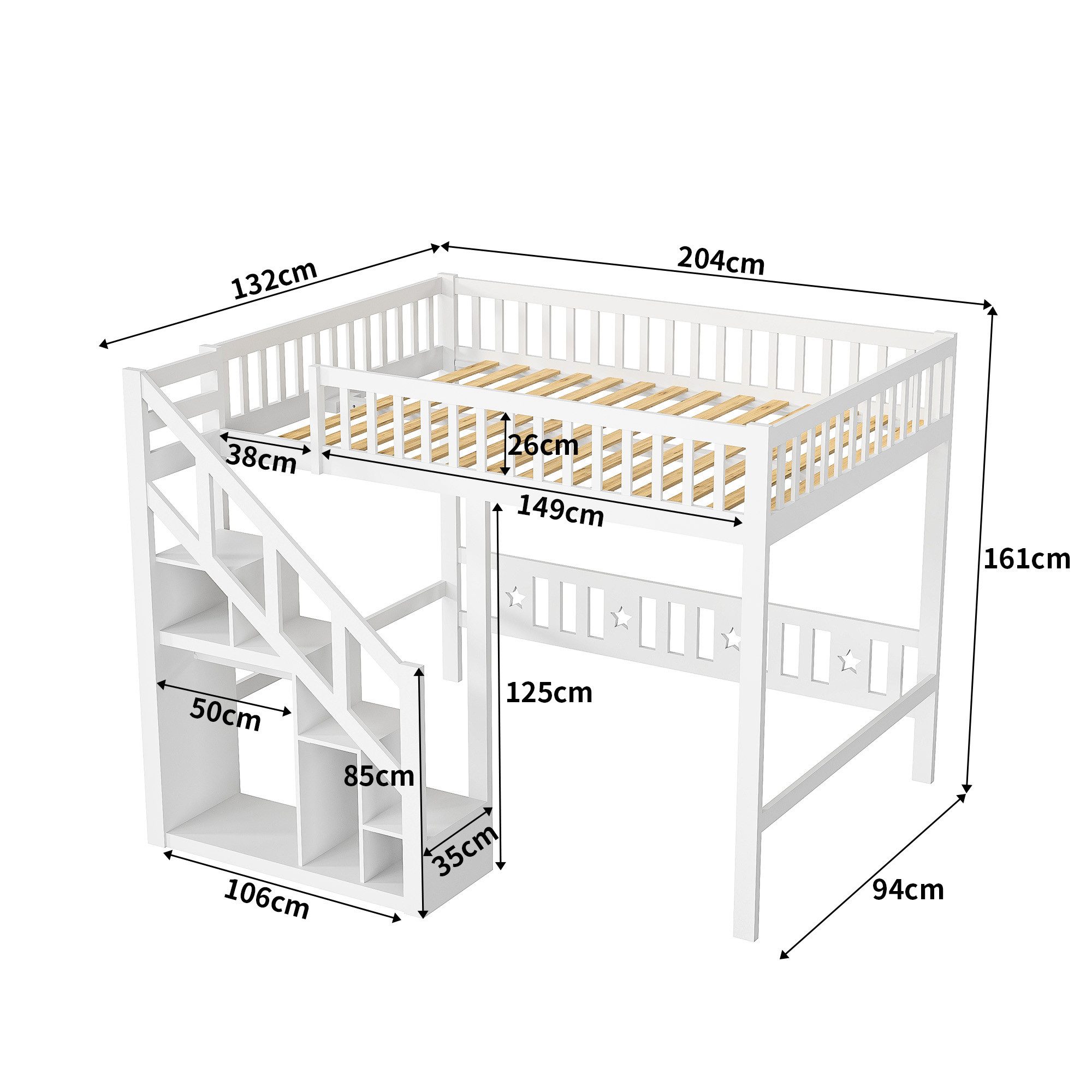Furnishings Home Etagenbett Kinderbett Hochbett Stauraumbett (Rausfallschutz, geeignet für Jugendliche und Kinder), Holzbett 90x200 cm Mit Treppe, Absturzsicherung, Erholungsgebiet