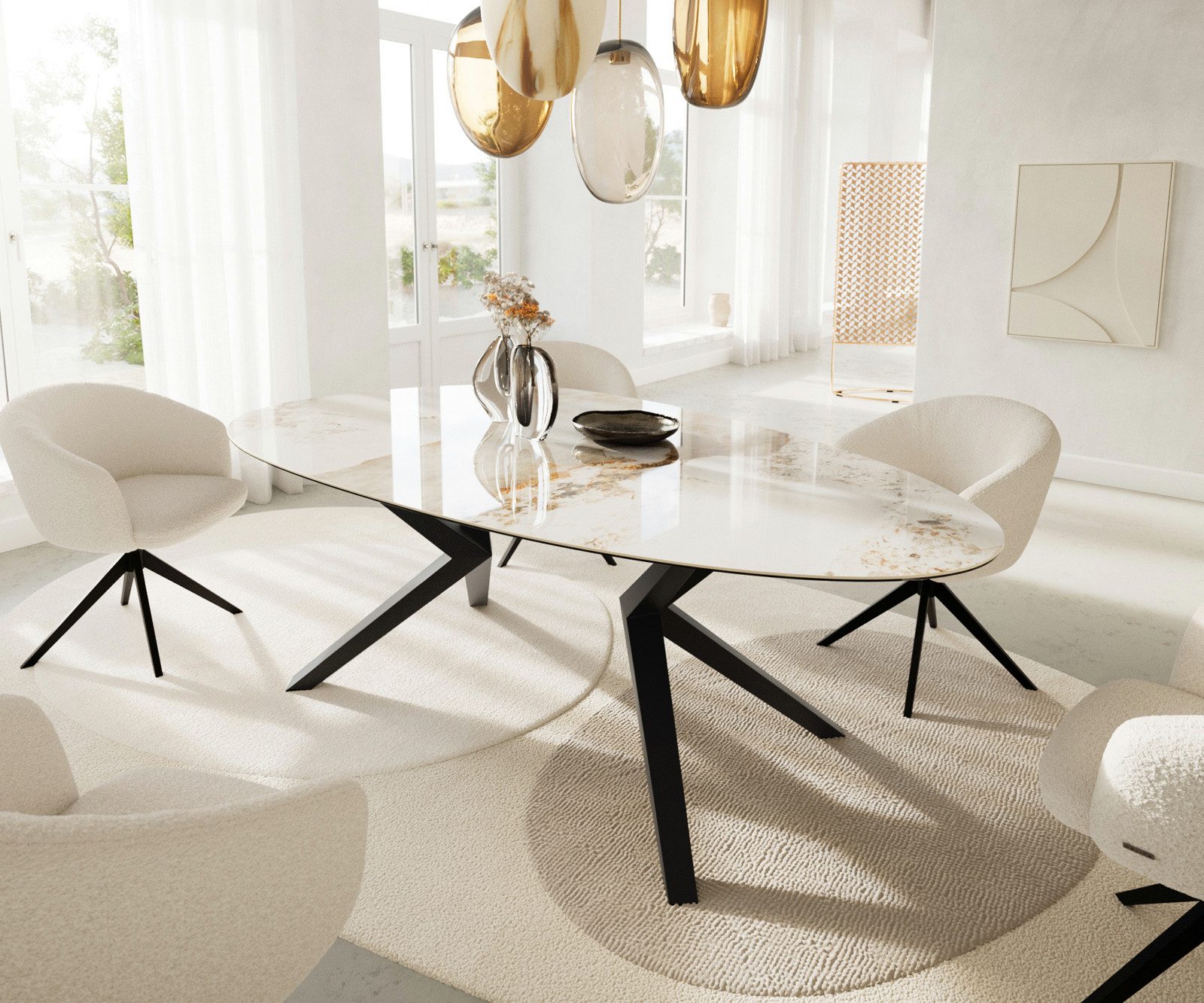 DELIFE Esstisch Edge, Oval Keramik Minas, Weiß/Beige