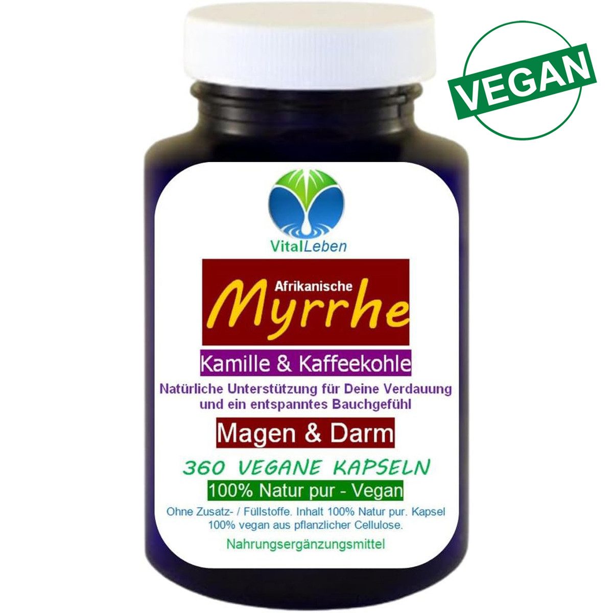 VitalLeben Myrrhe Kamille Kaffeekohle VEGAN pflanzlich, ohne Zusatzstoffe Kapseln, 1 er Dose à 360 St., 180 g, Art. 27415-360