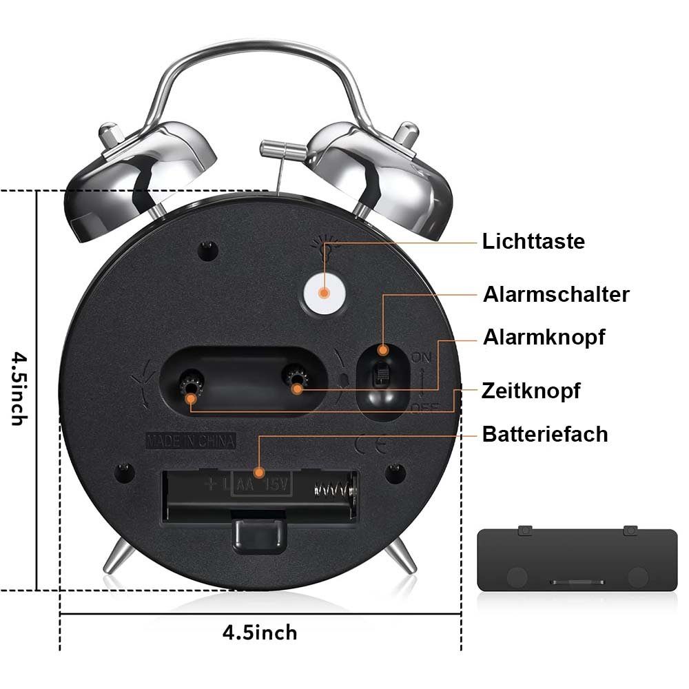 MOUTEN Wecker 4-Zoll-Wecker lautlosem super Leiser Sekundenzeiger, Klingelton Schwarz leuchtendem, Metall lauter aus mit Timer