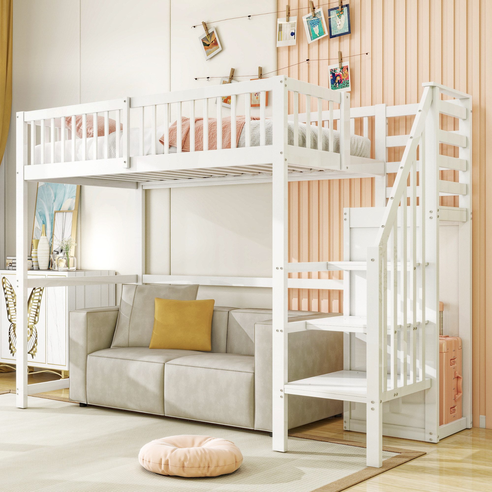 Flieks Hochbett Massivholz Kinderbett 90x200cm mit Treppe und Kleiderstange günstig online kaufen