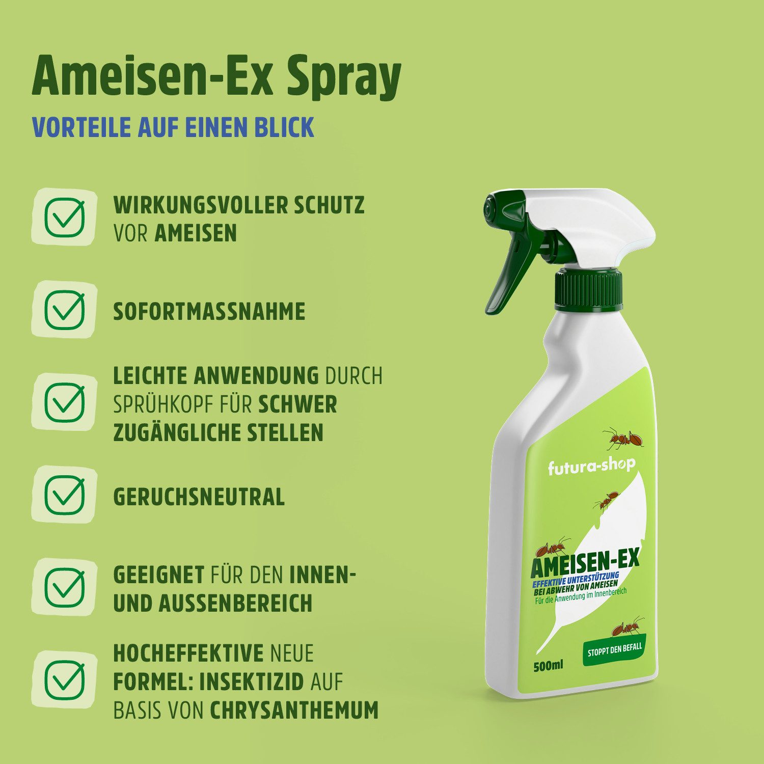 Futura-Shop Insektenspray Ameisen Spray, Ameisen Mittel mit Langzeitwirkung, 500 ml