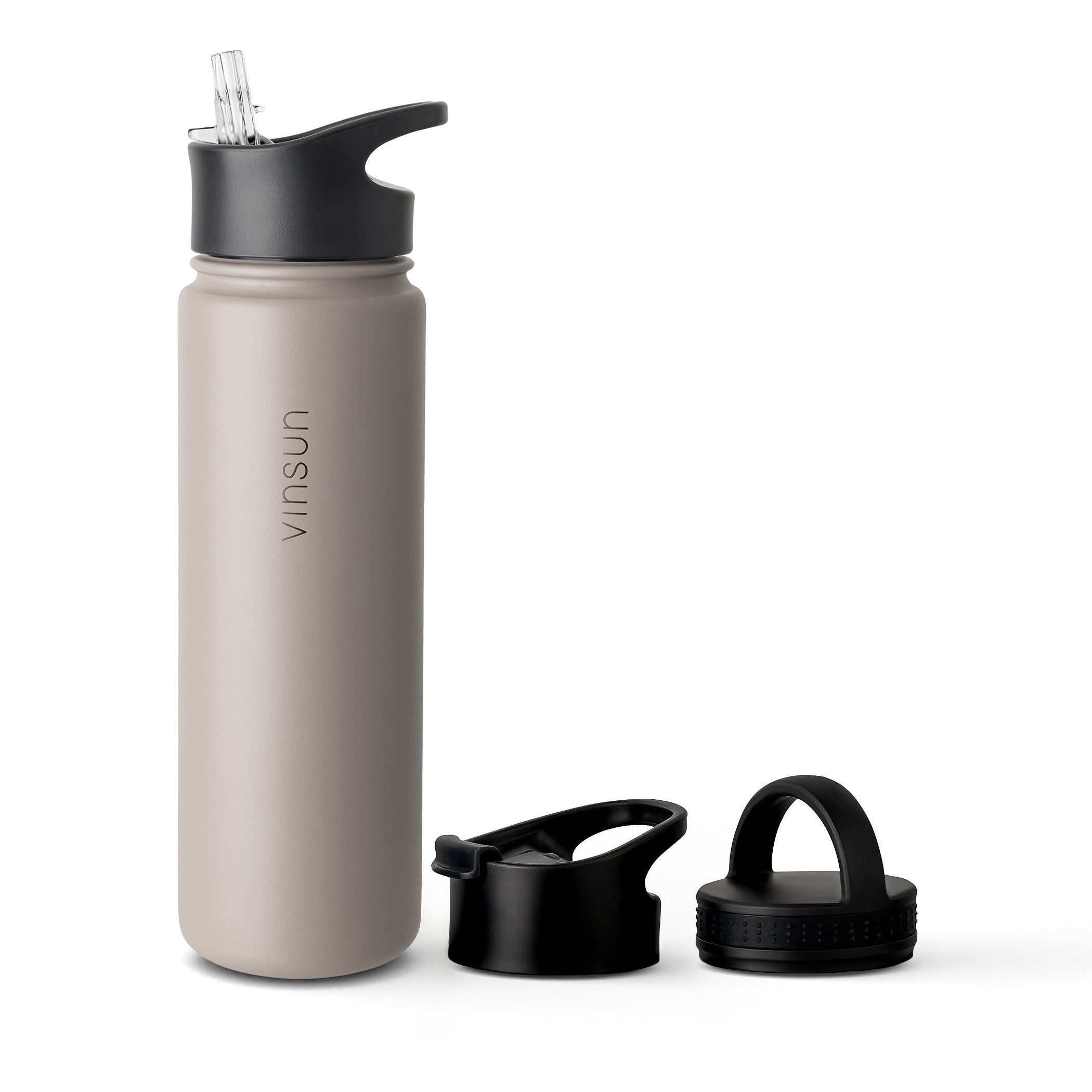 Vinsun Isolierflasche Edelstahl Trinkflasche 750ml, 3 Deckel, auslaufsicher, doppelwandig, 3 Deckel - Strohhalm, Trinköffnung, Schraubverschluss