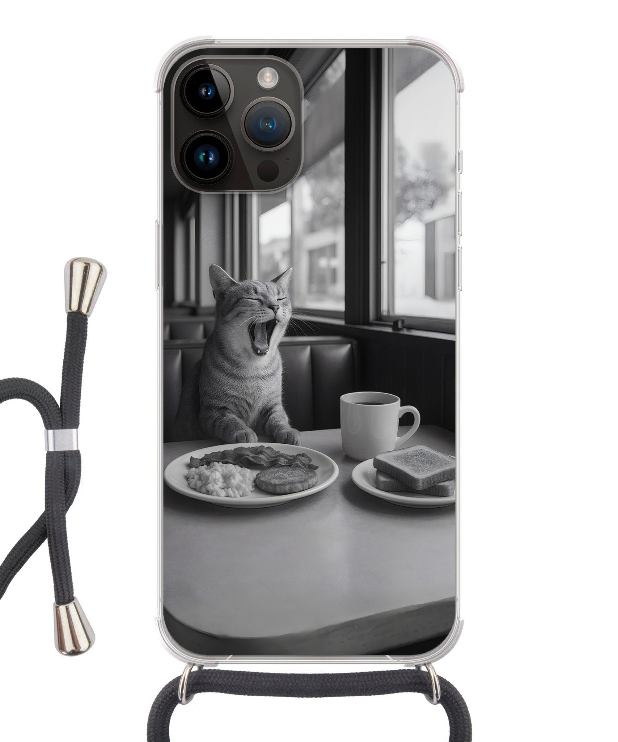 MuchoWow Handyhülle für Apple iPhone 14 Pro Max Katze - Kaffee - Brot - Schwarz, Tragbare Handyhüllen mit Kette zum umhängen, Handykette Handyband