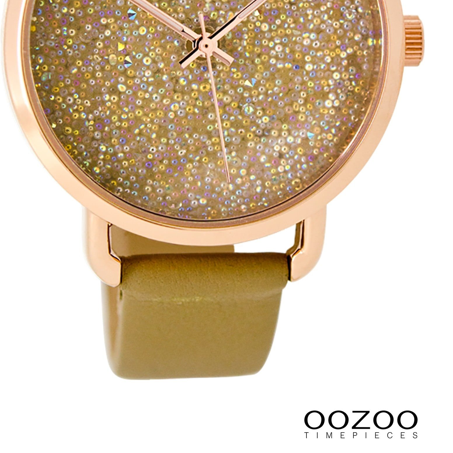 OOZOO Quarzuhr Oozoo Damen Armbanduhr Timepieces Analog, Damenuhr rund,  mittel (ca. 38mm) Lederarmband, Fashion-Style, Indizes: no stripes