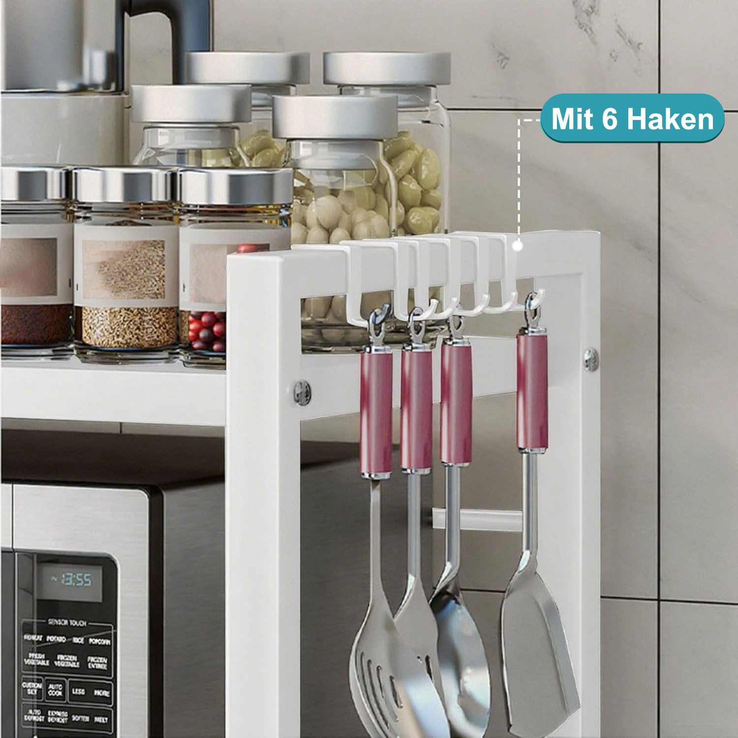 SURFOU Standregal Mikrowellen Regal 3-stufiges Mikrowellenständer Erweiterbares, mit 6 Haken Essstäbchenhalter Messerhalter Schneidebretthalter Küchenregal, für – Bild 5 von 5