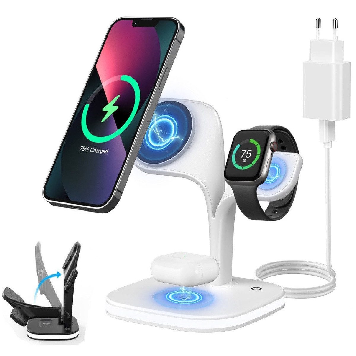Welikera 4-in-1 Induktive Ladestation mit Nachtlampe, 23w Wireless Charger Induktions-Ladegerät (iPhone 12 13 14 15 16 max plus,AirPods 2/Pro, Apple Watch 2-7/SE, Kabelloses induktives Laden, Wireless Charger für Apple iPhone)