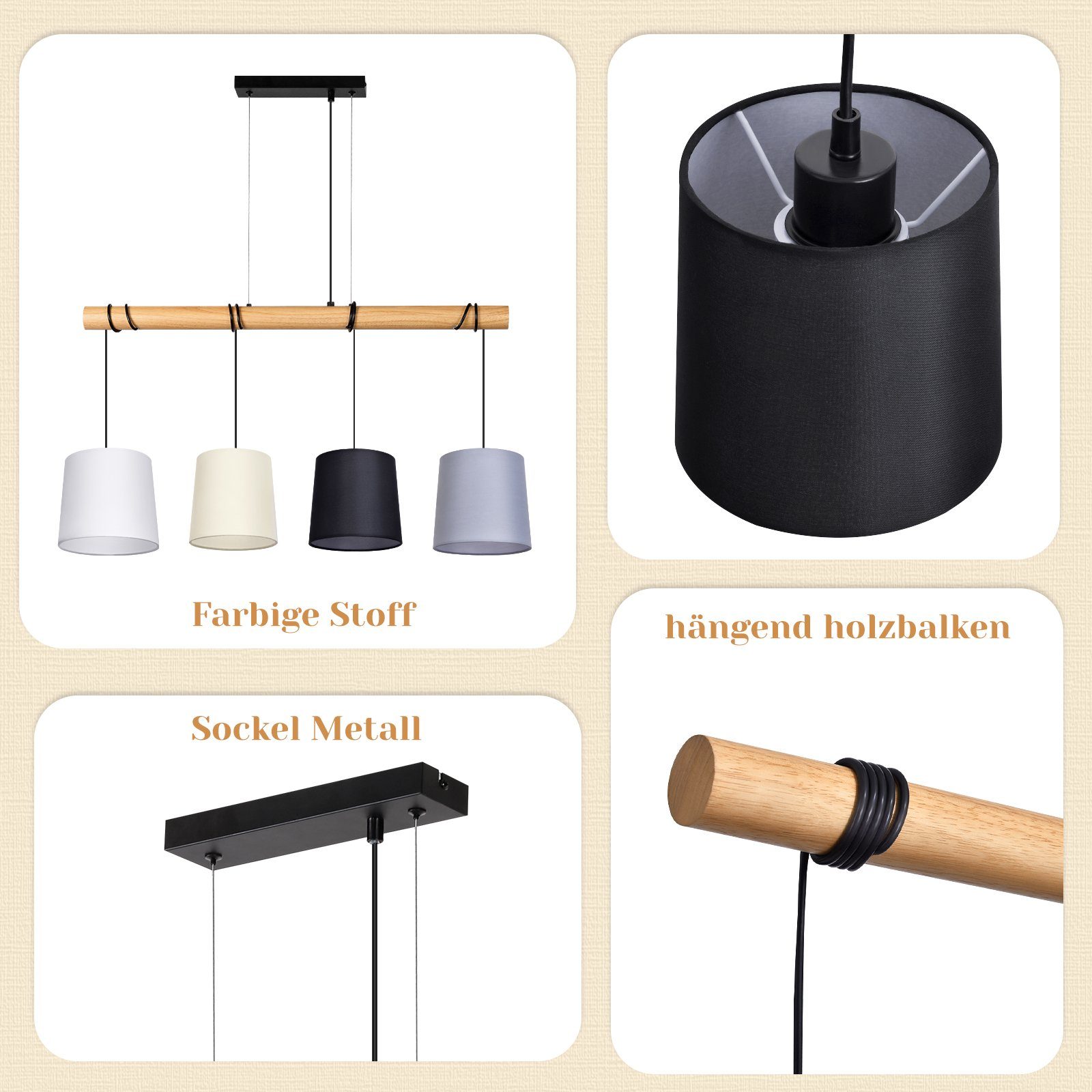 ZMH Pendelleuchte Holz 4 Flammig E27 Hängeleuchte Vintage Metall für Esszim günstig online kaufen