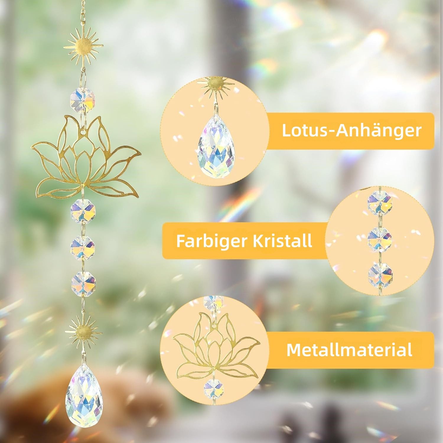 FOUORTUNATE-BEE Windspiel Lotus Sonnenfänger mit Kristallprisma – Fensterdeko aus Glas, Eleganter Lotus Lichtfänger aus Glas für Fenster oder Auto
