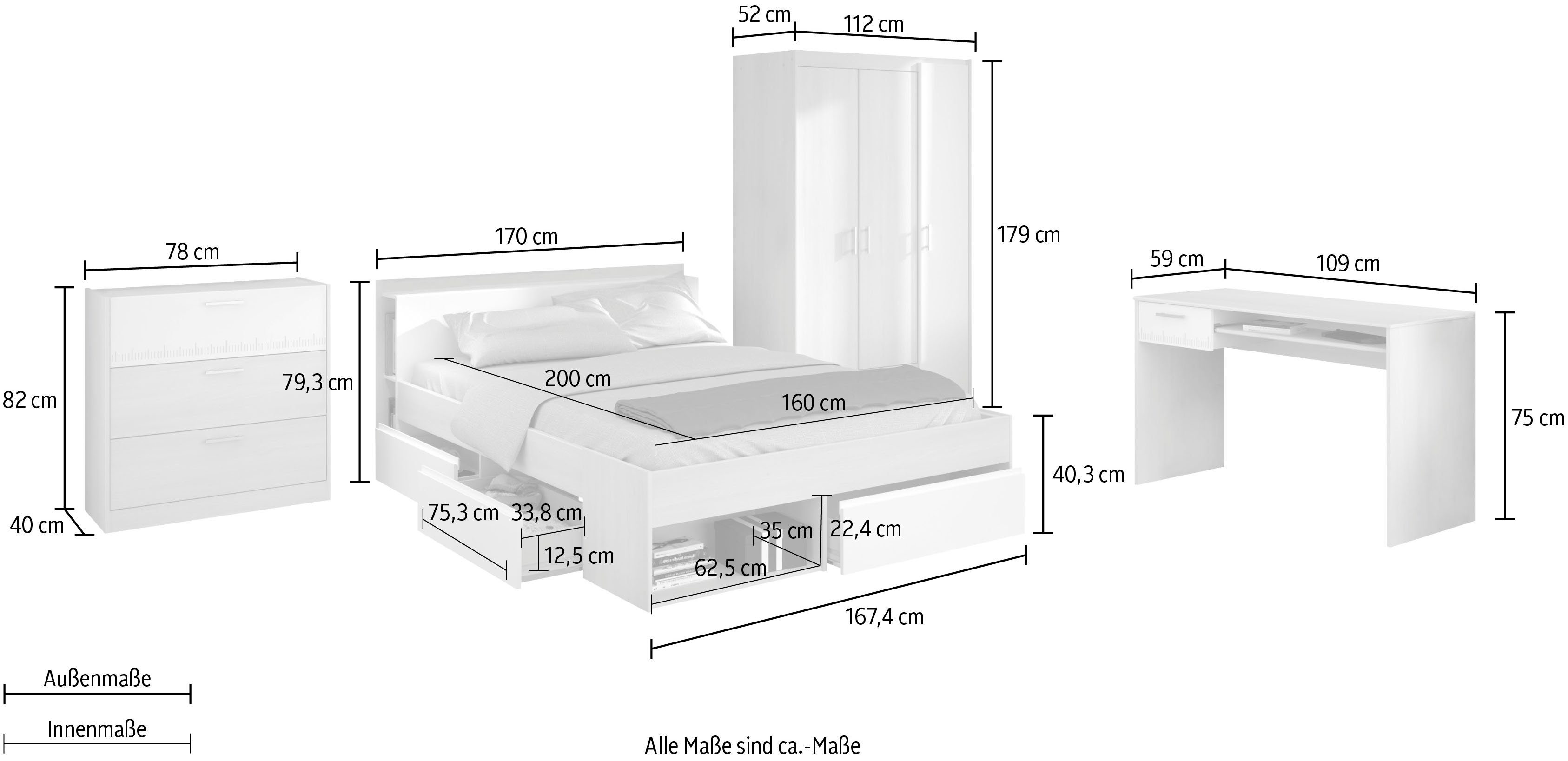 Parisot Jugendzimmer-Set Most, (Set, 4-tlg., Bett mit Schubkästen, Kleiderschrank, Schreibtisch, Schubkastenkommode)
