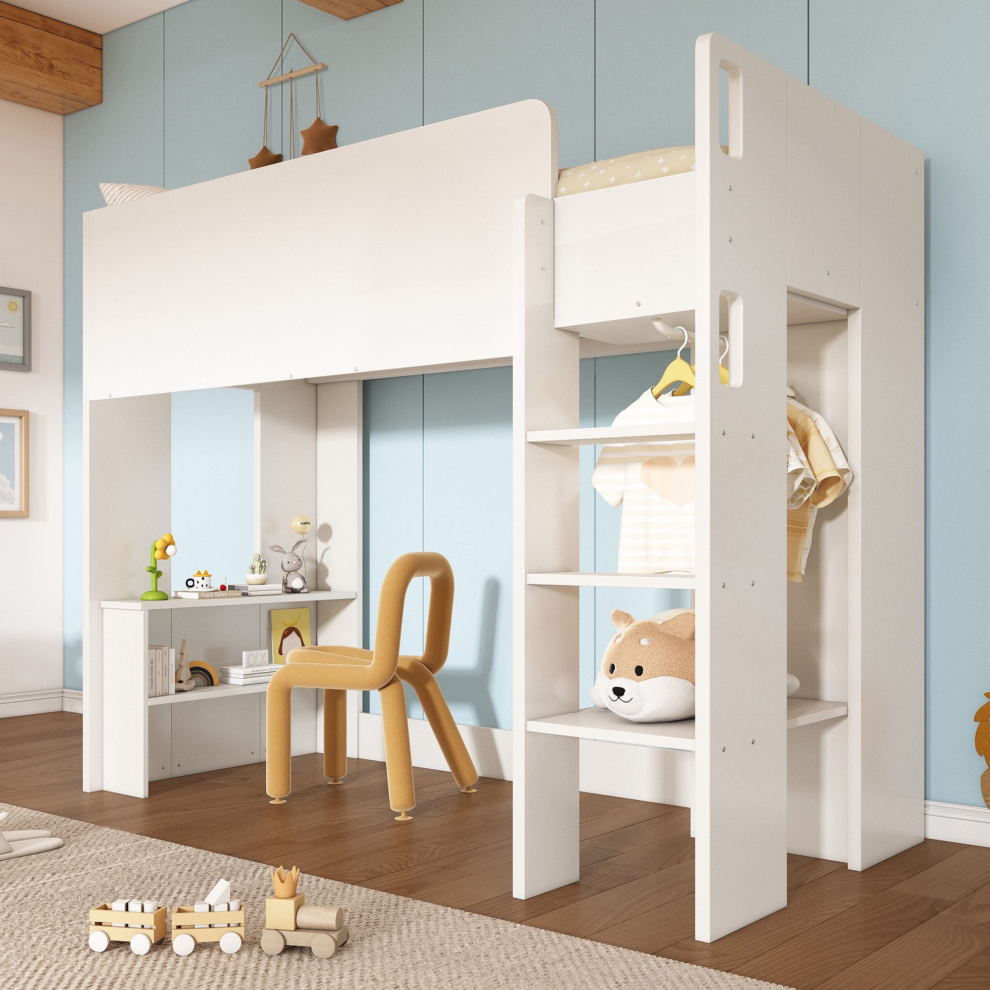 TavilaEcon Kinderbett Multifunktionales 3-in-1 Hochbett 90x200 cm mit Kleiderschrank, Regale, Stauraum und Treppe, weiß