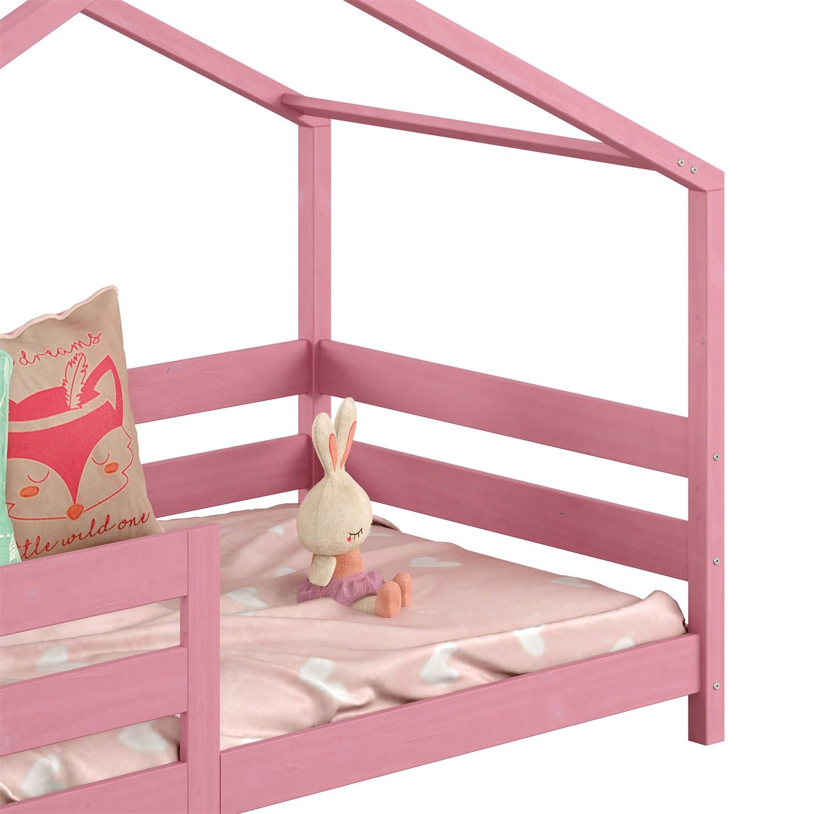 IDIMEX Kinderbett RENA, Hausbett Montessori 90 Kiefer x ros Kinderbett 200 Rausfallschutz Bett rosa
