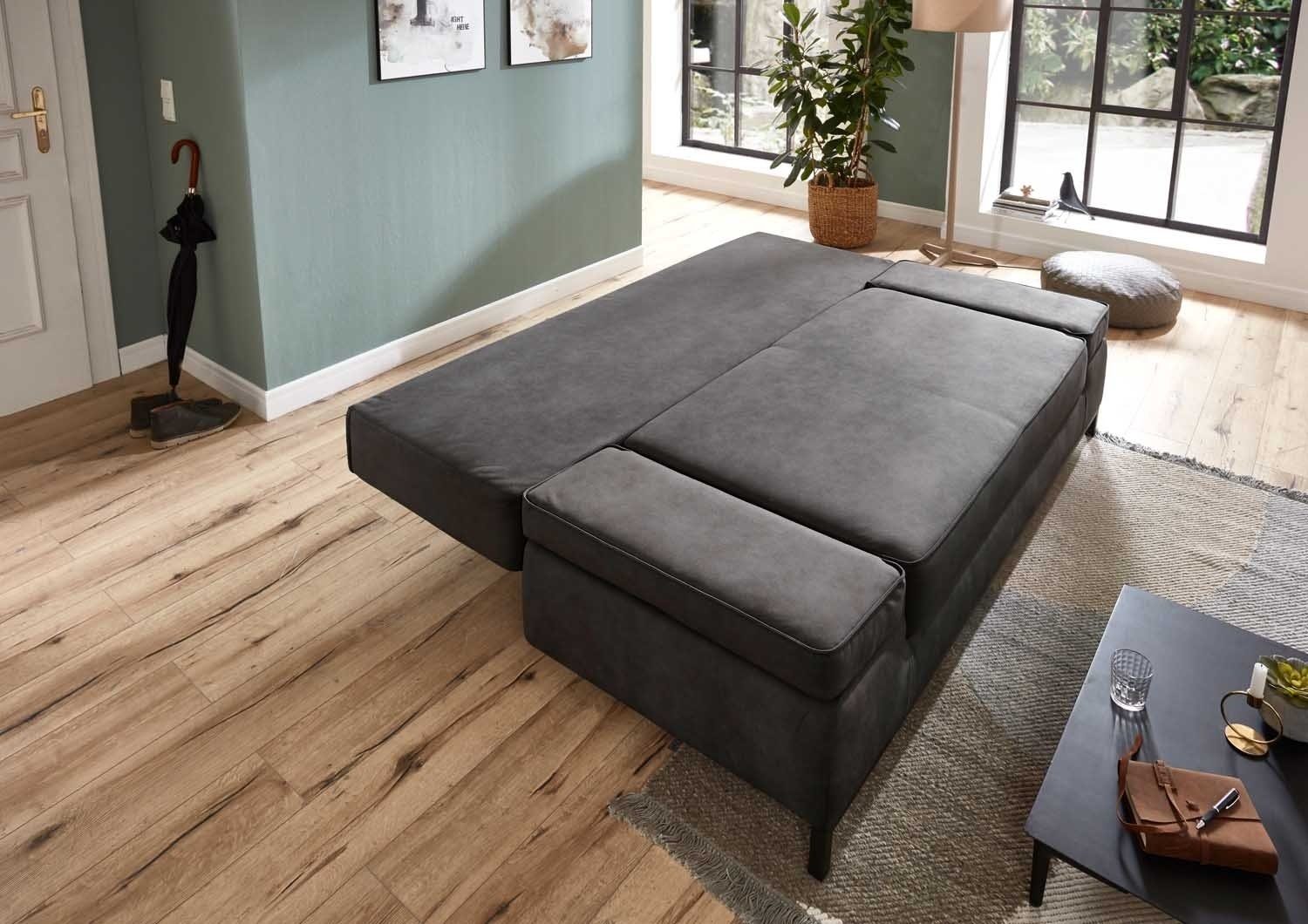 Sofa JARNY, Stoffbezug, Anthrazit, Schlaffunktion, mit Bettkasten und Kissen