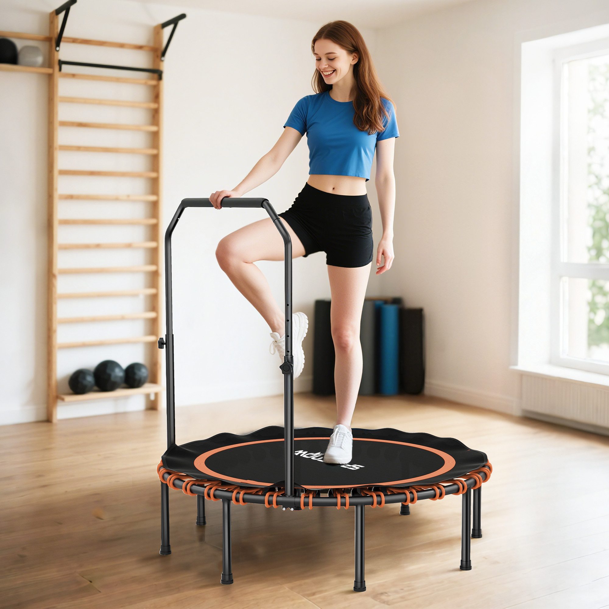 SPORTNOW Fitnesstrampolin Mini Trampoline mit 5 verstellbare Handgriffstufen, leise Gummiseil, Ø 122 cm, (Sport-Trampolin, 1 tlg., Fitness-Trampolin), Stahl, Kunststoff, Orange