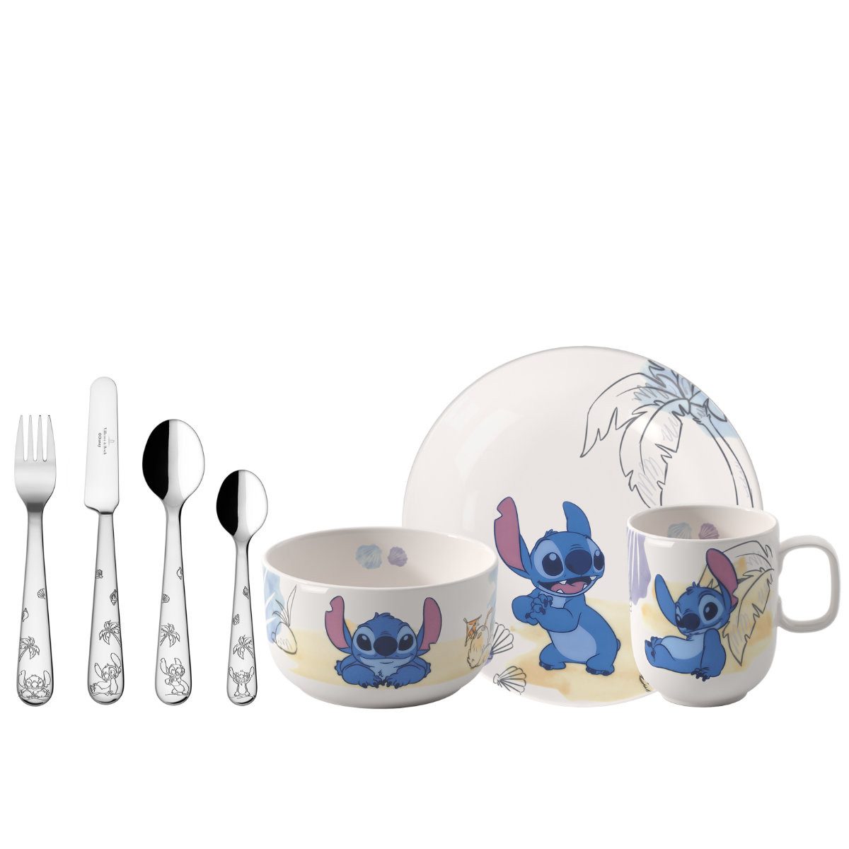 Villeroy & Boch Kindergeschirr-Set Disney Stitch, Edelstahl, Porzellan, 7-tlg.