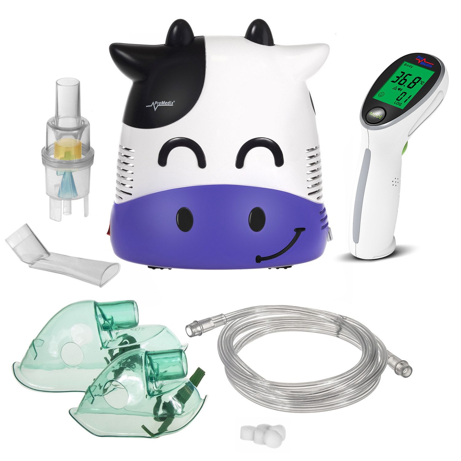 Promedix Inhalationsgerät PR-810+ PR-960 Kuh Kinderinhalator + Infrarot-Thermometer Set, Vernebler, Maske, Filterset