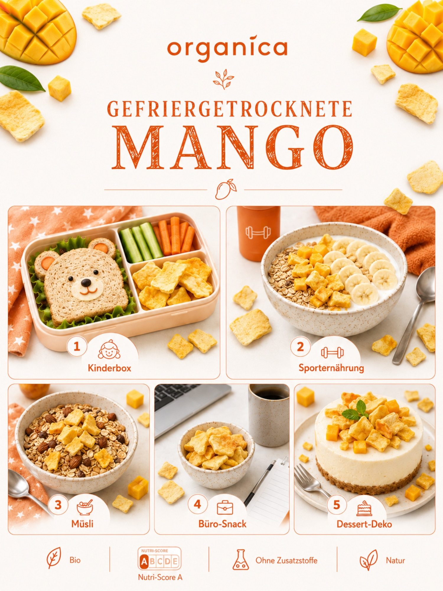 Organica Trockenfrüchte Bio-Mango gefriergetrocknet knuspriger Fruchtsnack, 1 x (Single Pack(18g), Bio-zertifiziert, 100 % Frucht, Ohne Zuckerzusatz, Nutri-Scor – Bild 5 von 5