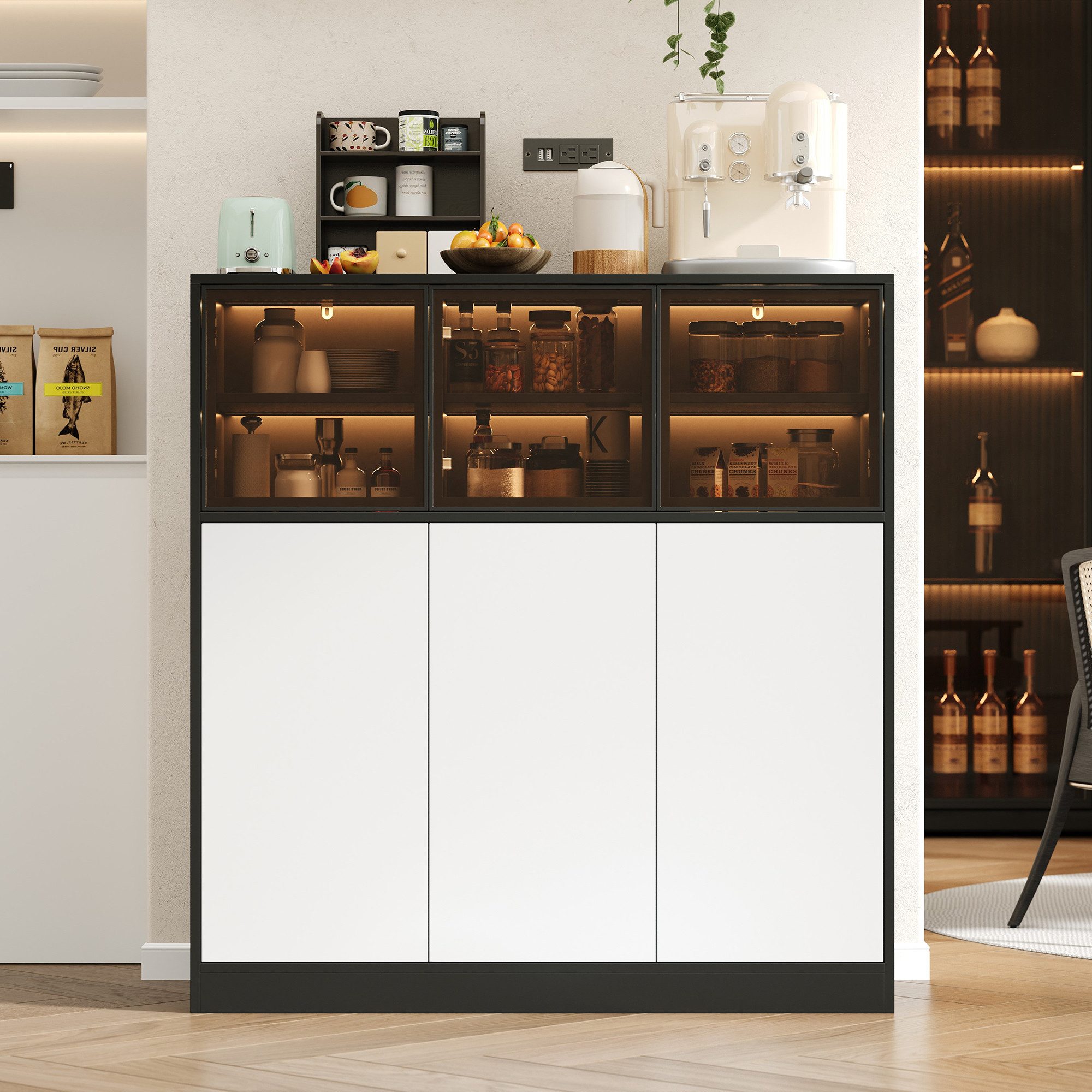 Flieks Mehrzweckschrank Sideboard mit LED-Beleuchtung und Glastüren (1-St., 100x40x105 cm) Küchenschrank Sideboard Holzschrank mit 14 Fächer Schwarz&Weiß