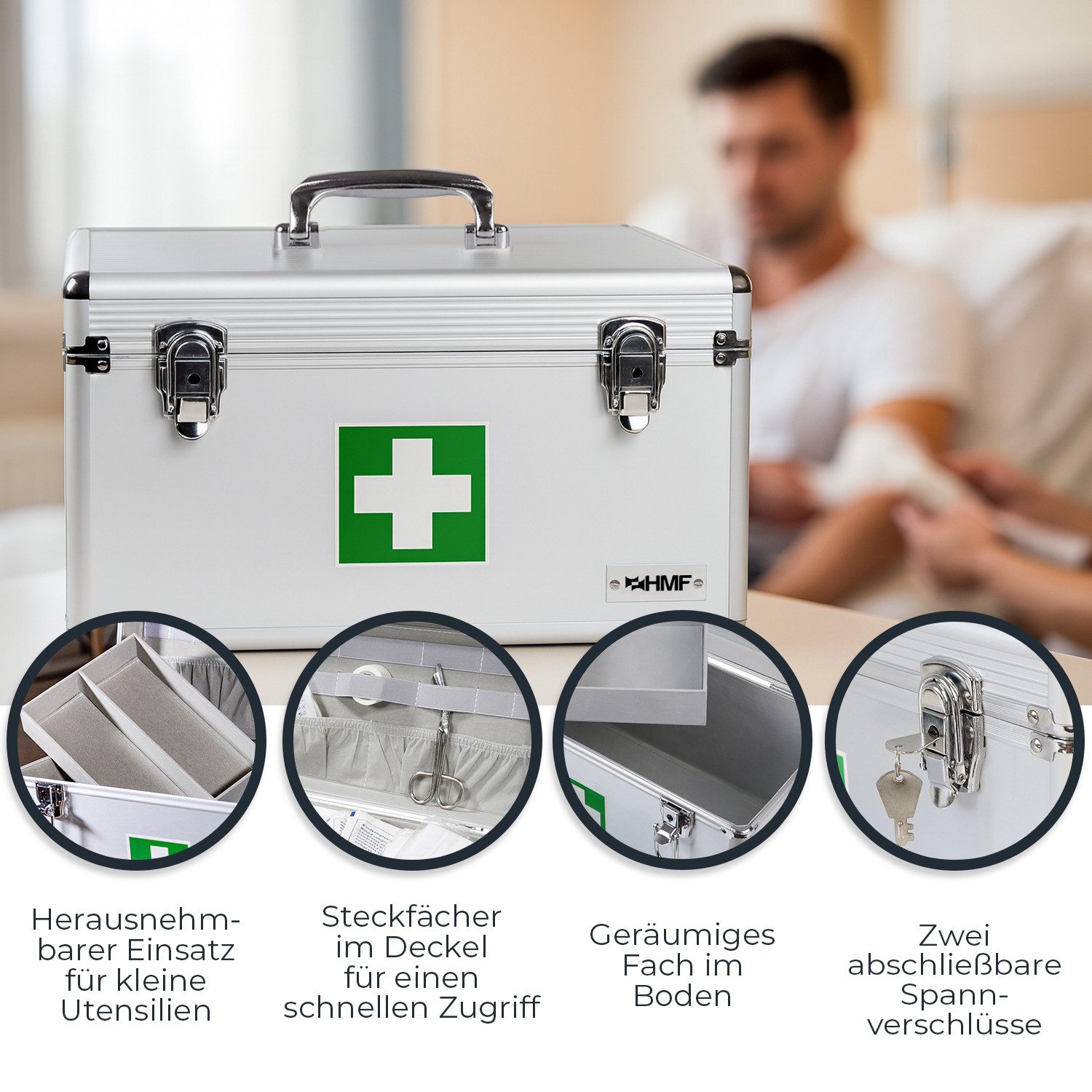HMF Erste-Hilfe-Koffer Alu Medizinkoffer, Erste Hilfe Koffer, Arztkoffer mit Tragegriff, 30 x 25 x 25 cm – Bild 4 von 5