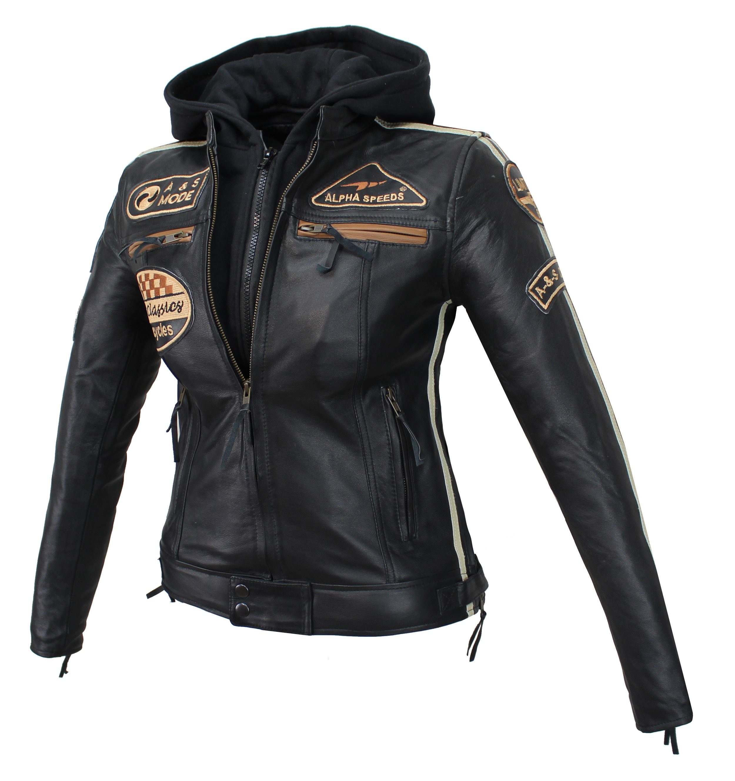 Alpha Speeds Motorradjacke Damen Leder Jacke Biker Freizeit Highway Jacke Braun & Beige aus weichem Lammleder, mit Protektoren & Kapuze