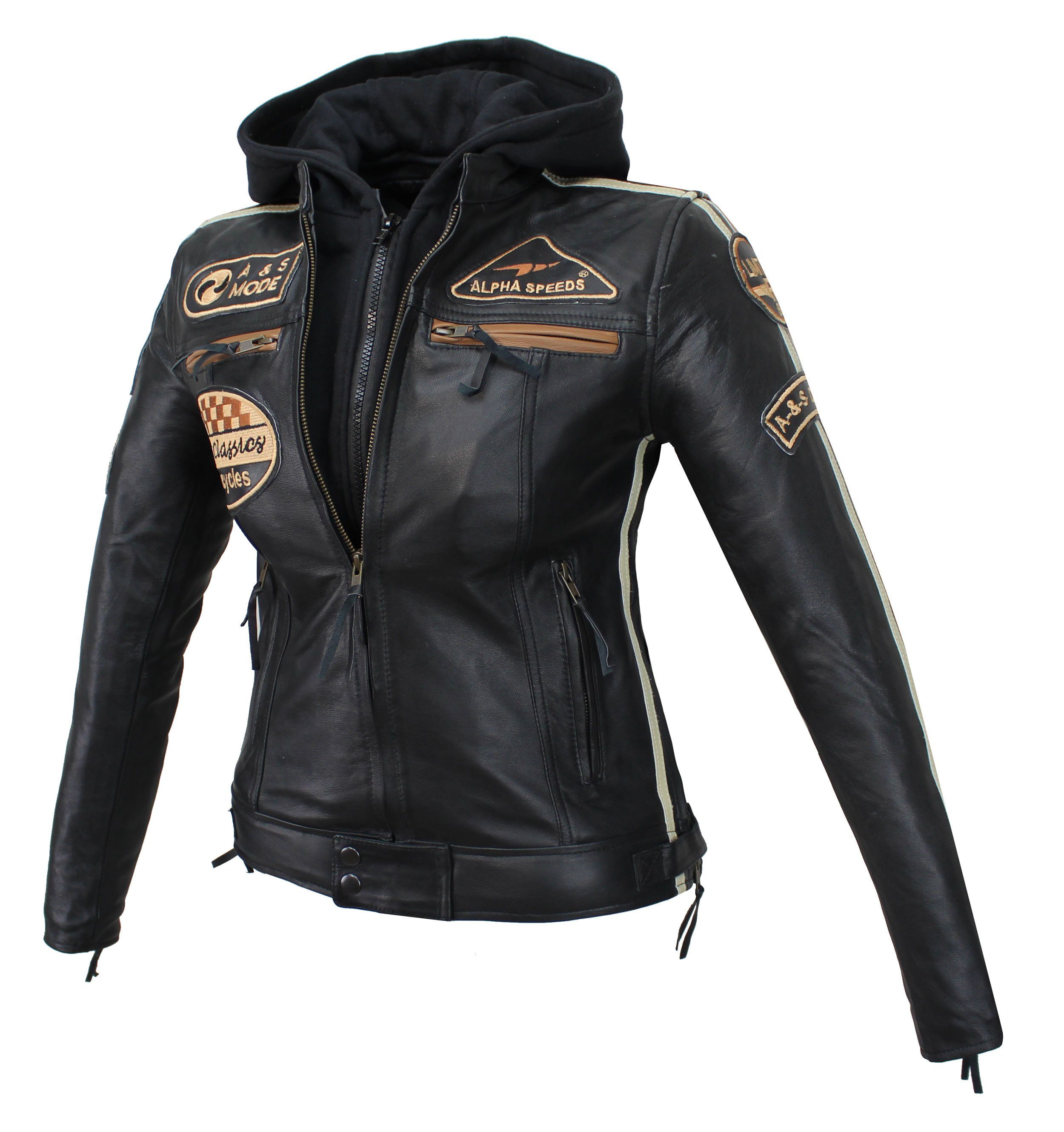 Jacke Damen Freizeit Highway einem trennbaren Besch Braun Biker aus Lederjacke einem Lammleder, weichem Speeds inklusive Kapuze) Protektoren Motorradjacke (mit & Alpha