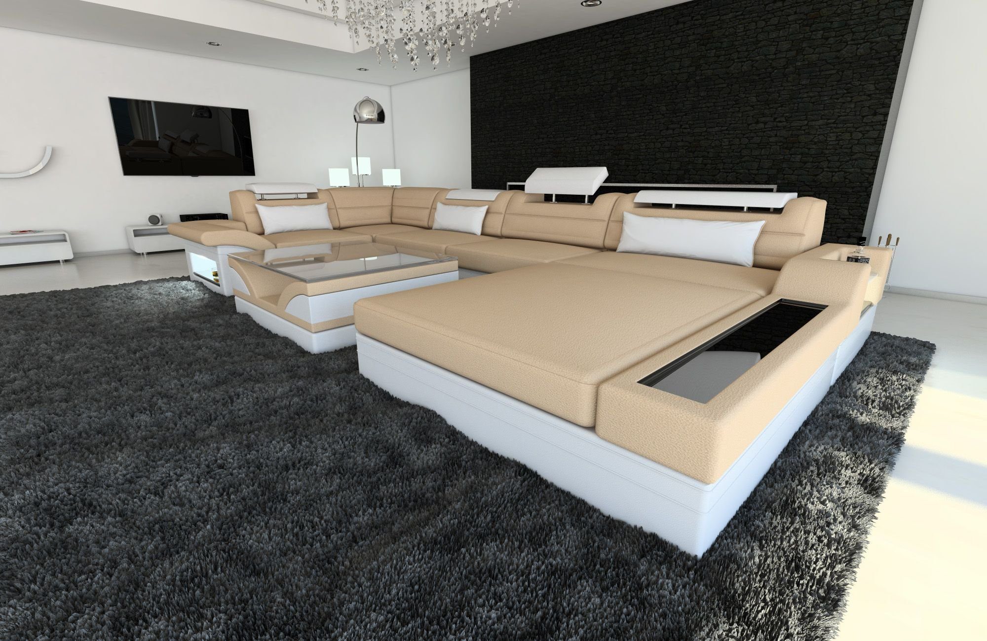 Sofa Dreams Wohnlandschaft Couch Sofa Stoff Mezzo U Form Stoffsofa, mit LED, wahlweise mit Bettfunktion als Schlafsofa, Designersofa