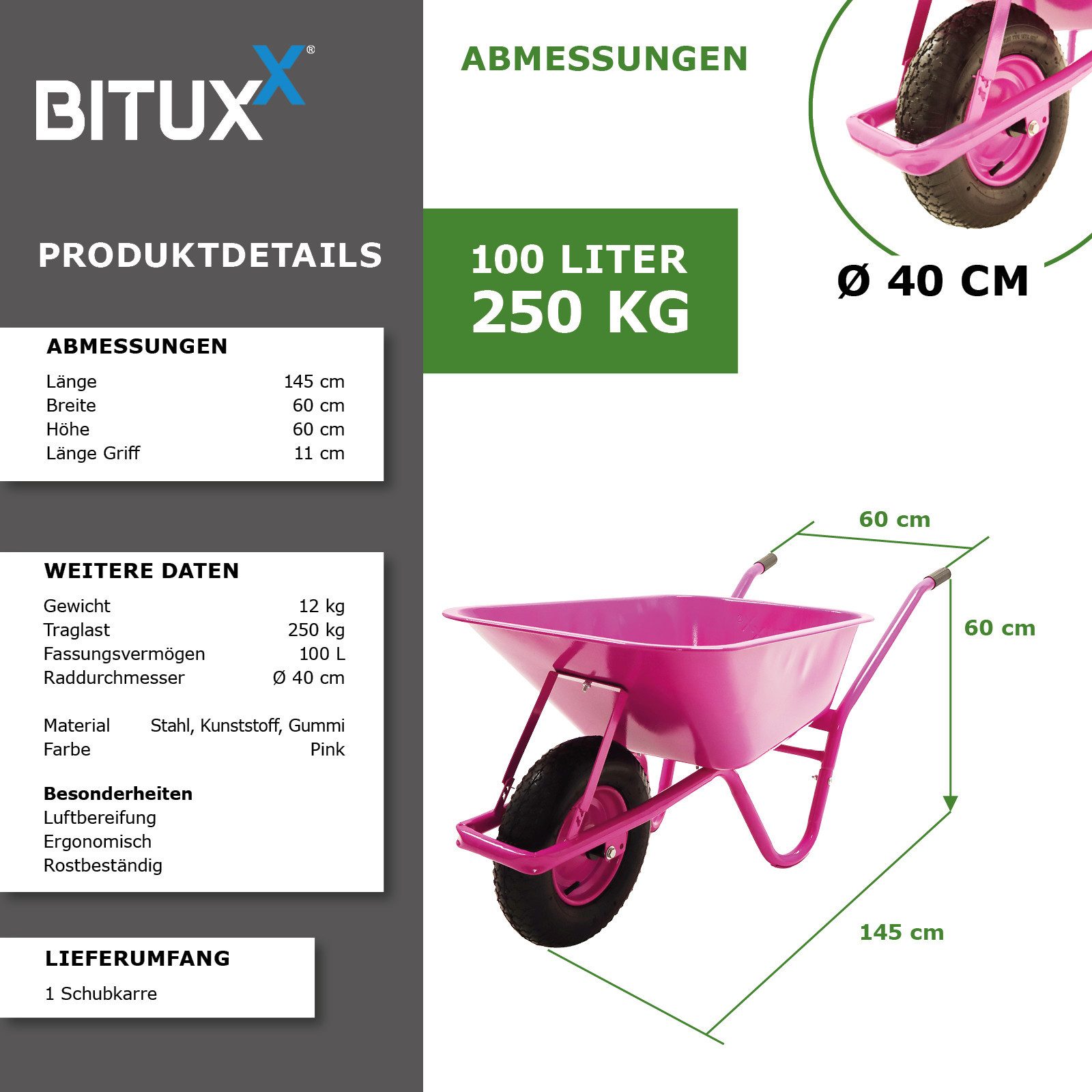 Bituxx Schubkarre 100 Liter 250 kg Pink, (MS-20004), 100 Liter Volumen, 250 kg, Stahlrahmen, Pulverberschichtet – Bild 3 von 5