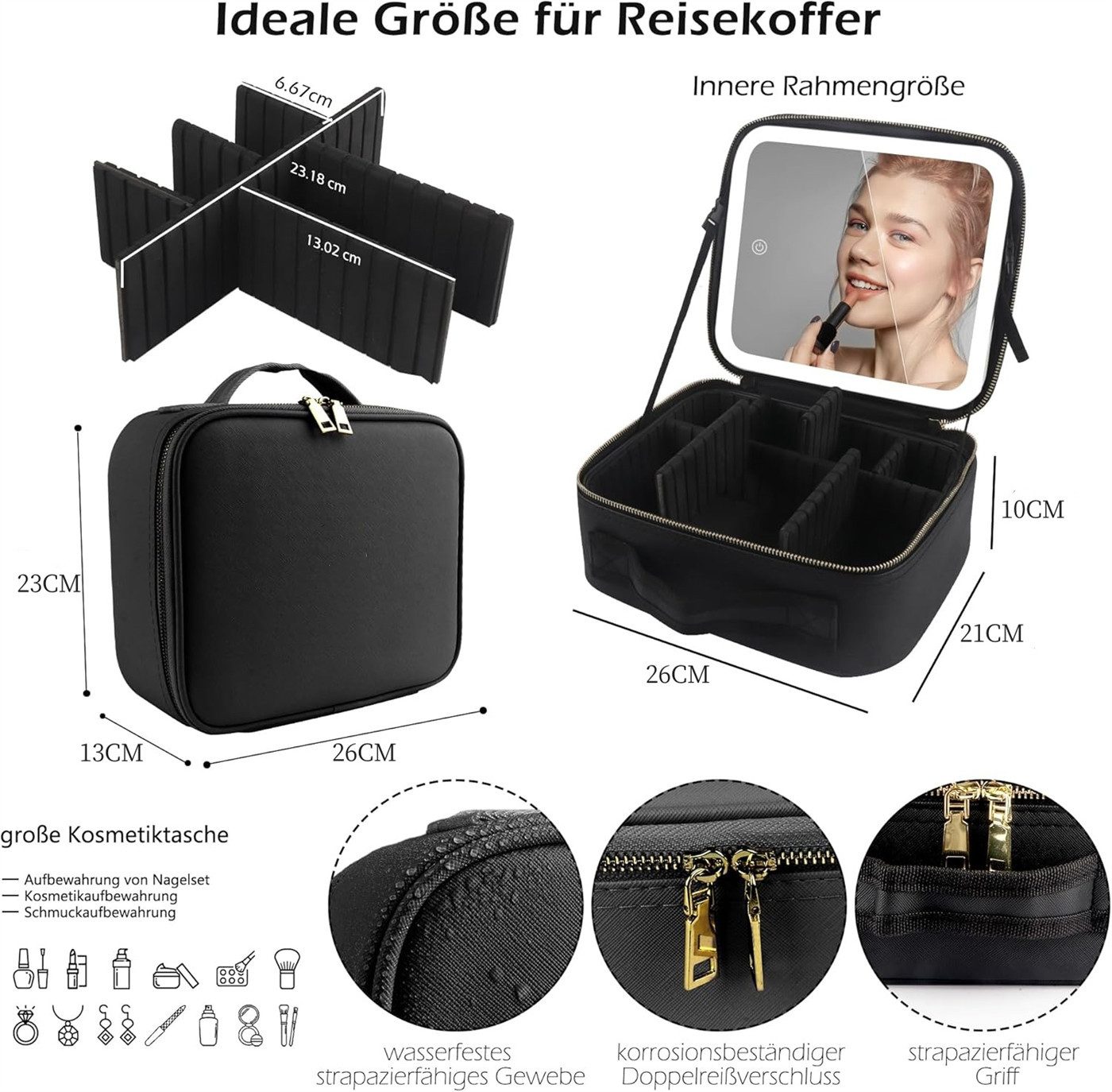autolock Kosmetiktasche Make up Tasche,Kosmetiktasche mit LED Spiegel(3 Farbe)Schminktasche, Mit großer Pinselstauraum,USB-C Aufladung,Reisebox für Damen