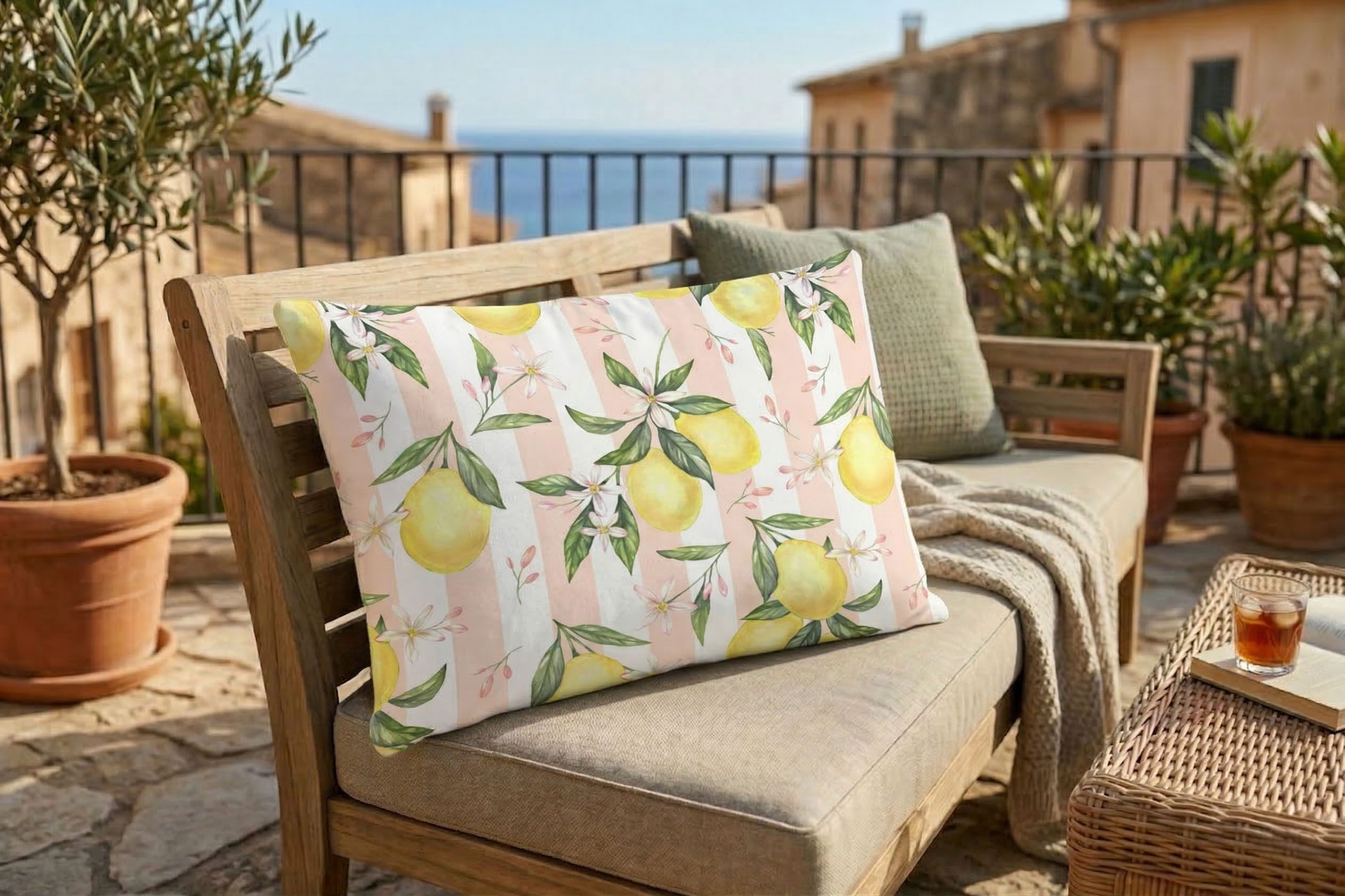 queence Dekokissen Zitronen Rosa gestreift, Premium Outdoor Kissenbezug; Format: 60x40 cm