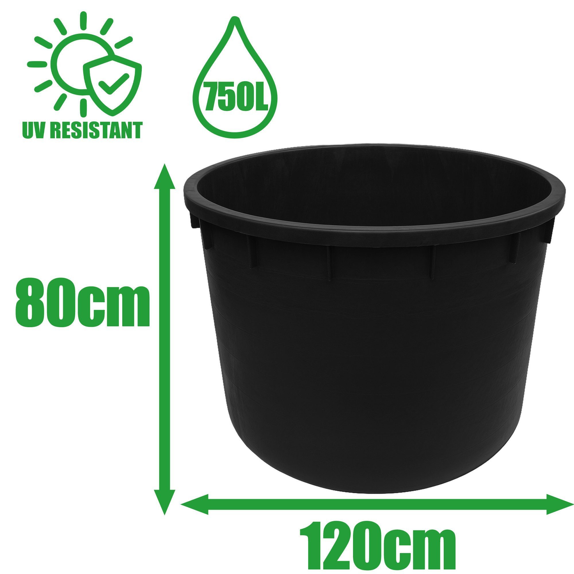 ONDIS24 Regentonne Regenfass XXL Regenwassertank aus schwarzem Kunststoff, 750 l, Robust & UV-Beständig