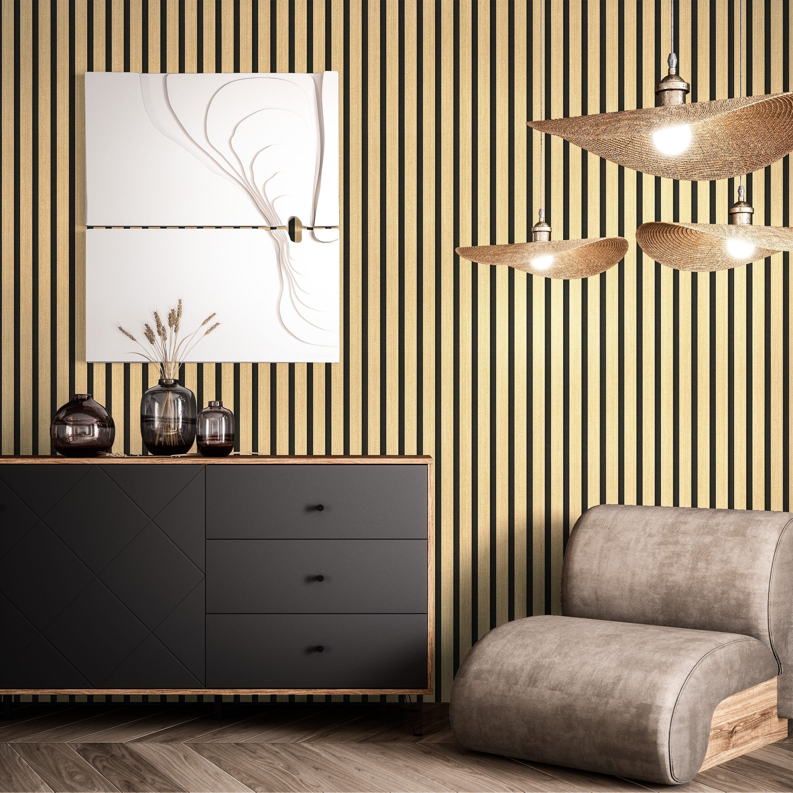 Newroom Vliestapete Berrin Gold Tapete Mustertapete Holzpaneele, Wandpaneele, Lamelle, strukturiert, Glanztapete – Bild 5 von 5
