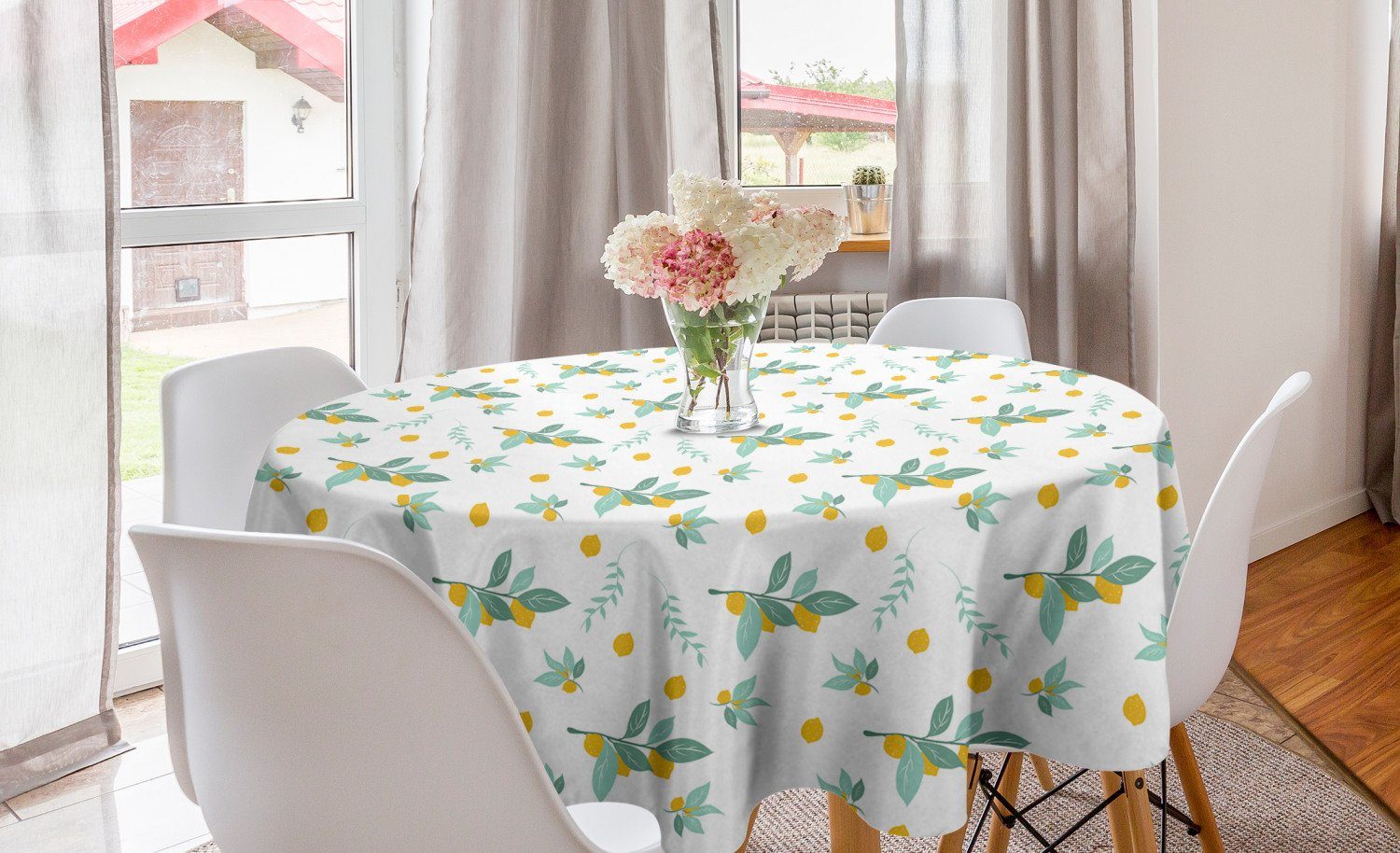 Abakuhaus Tischdecke Kreis Tischdecke Abdeckung für Esszimmer Küche Dekoration, Zitronen Zitrusfrüchte und Blätter
