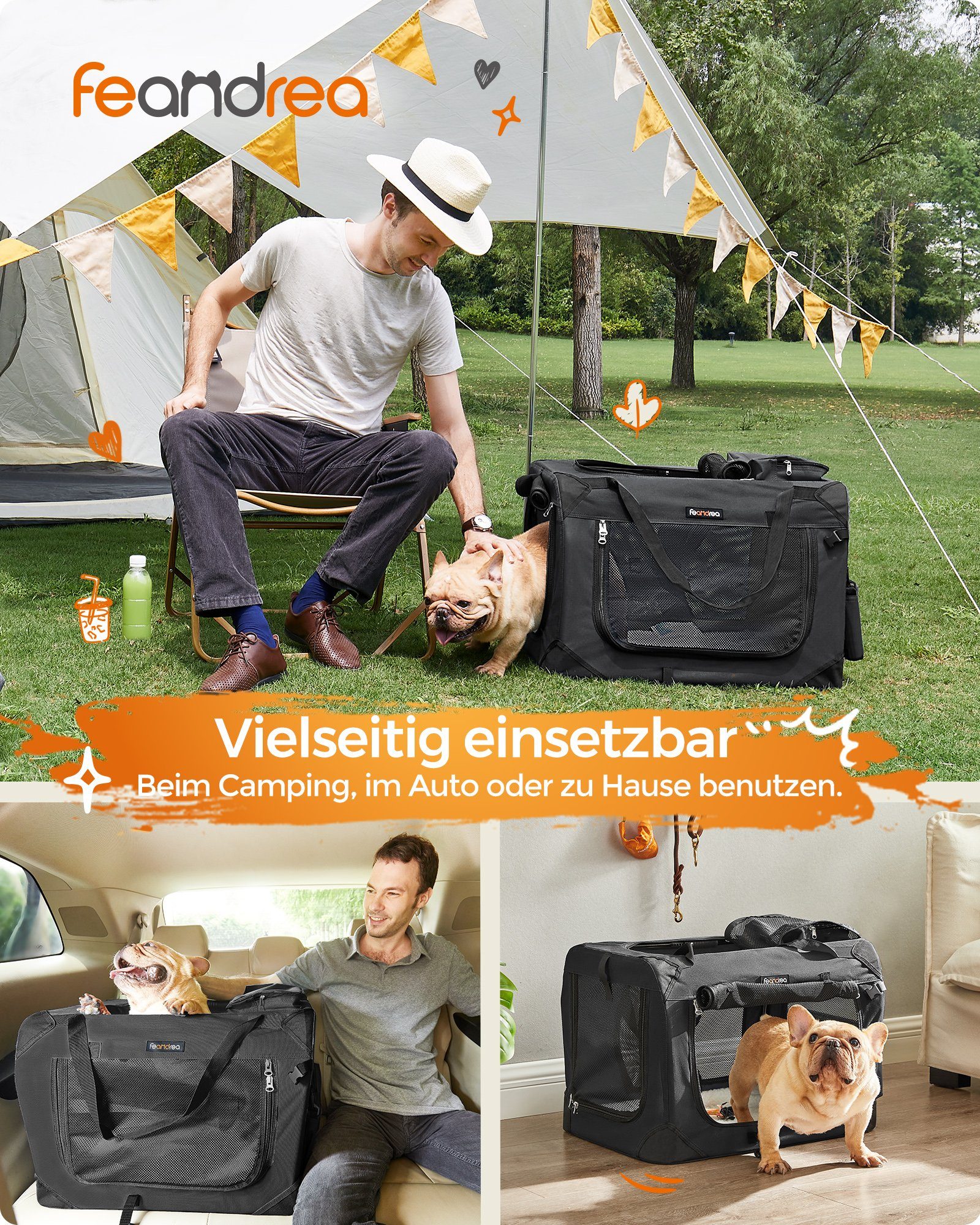 FEANDREA Tiertransporttasche Hundebox faltbar, Transportbox Hund, Hundetasche, mit Griffen, Taschen bis 11,00 kg, M, Oxford-Gewebe, atmungsaktiv tragbar transportabel, 60 x 42 x 42 cm