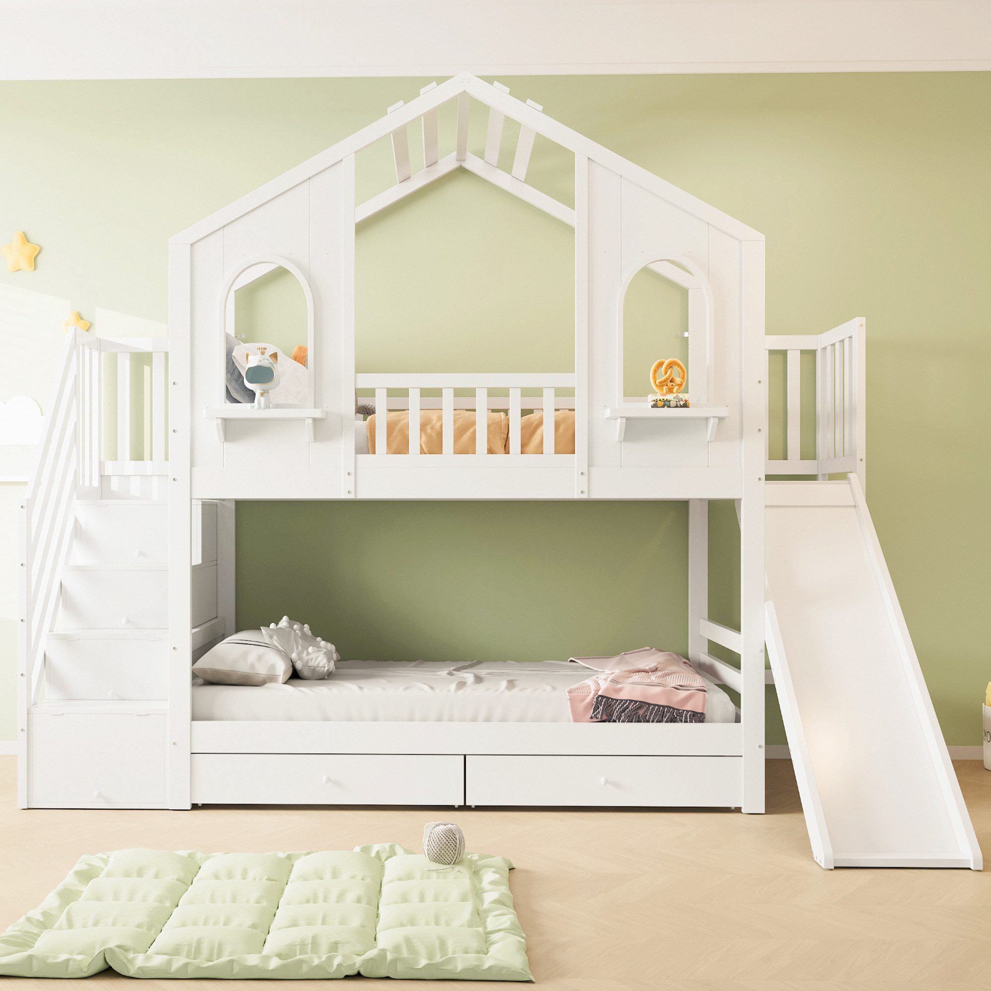 Merax Etagenbett 90x200cm (Jugendbett Doppelbett Stockbett Hausbett, 1-St), Kinderbett mit 2 Schubladen, Rutsche, Staurumtreppe & Bogenfenstern