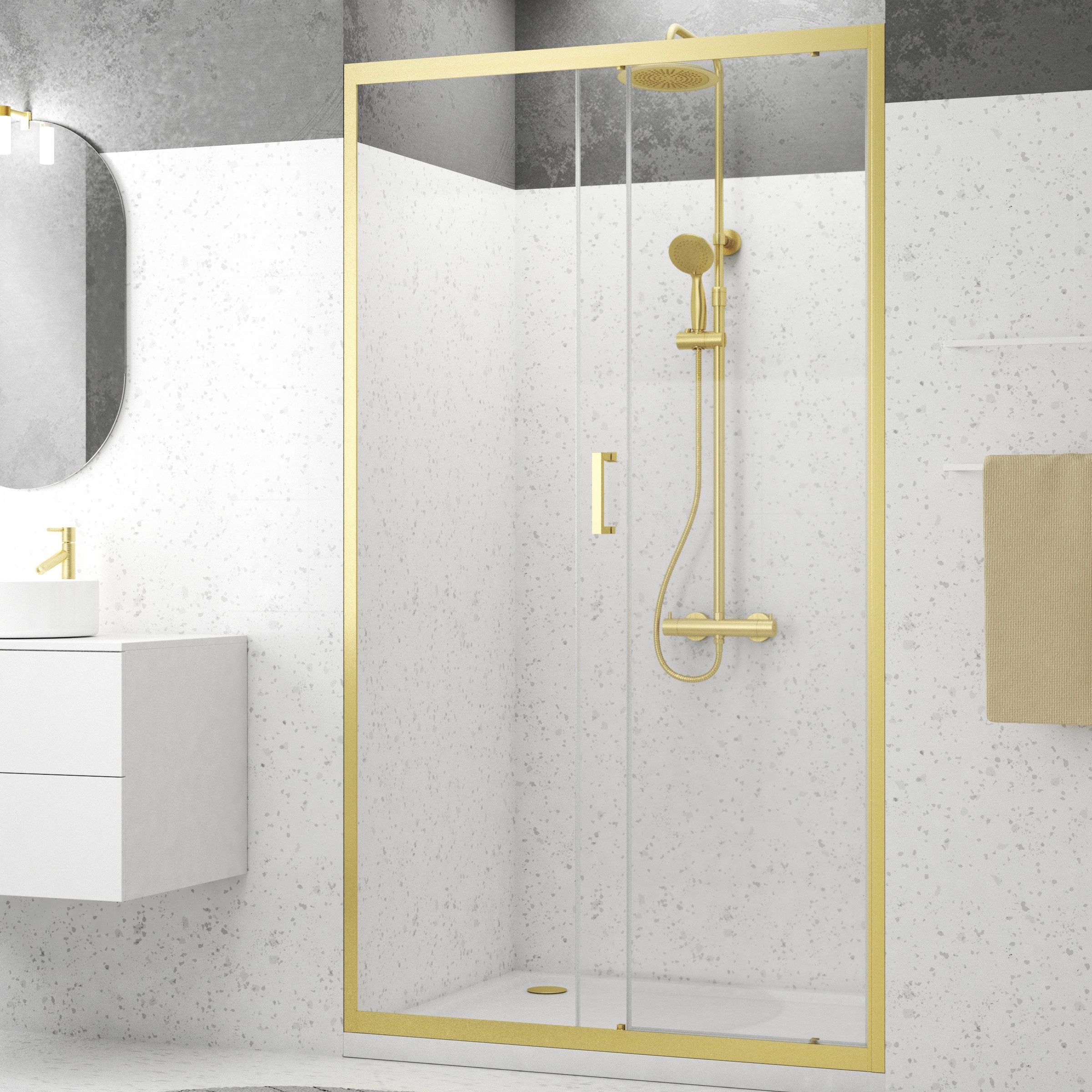 Marwell Walk-in-Dusche Golden Stage, Einscheibensicherheitsglas, Schiebetür mit Öffnungsbreite 49 cm, goldene Aluminiumprofile