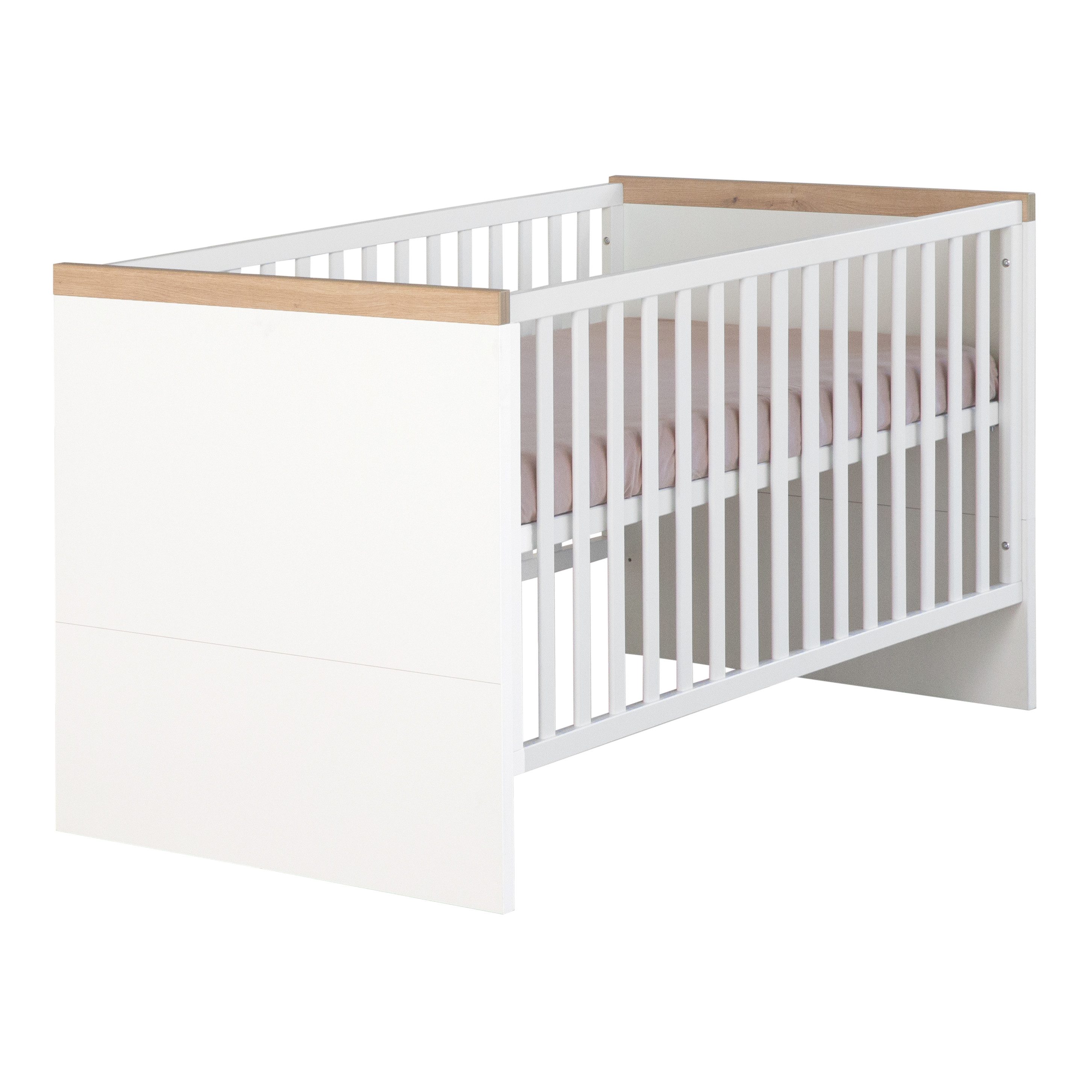 roba® Babybett Lumo - Mitwachsendes Gitterbett 70 x 140 cm - Weiß / Artisan Eiche, Holz - Schlupfsprossen & Höhenverstellbar - MADE IN EUROPE